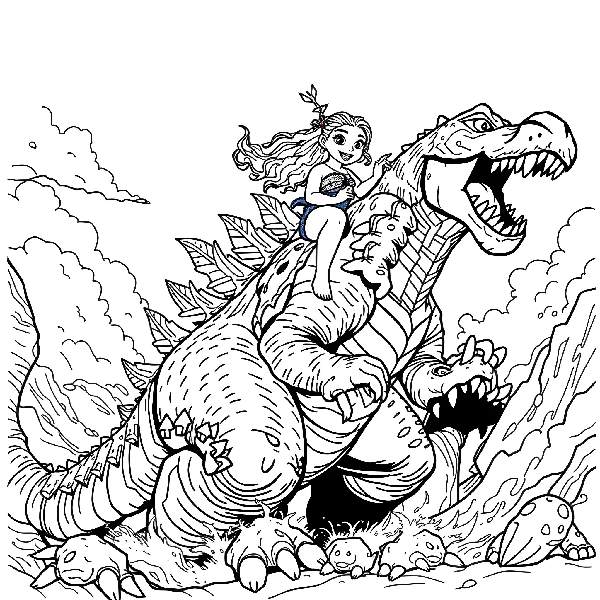 Moana riding a fearsome T-Rex in a fantastical landscape Coloring Page (free black-and-white line drawing printable PDF for all, from beginners to advanced learners, including children, teens, adults, and seniors)