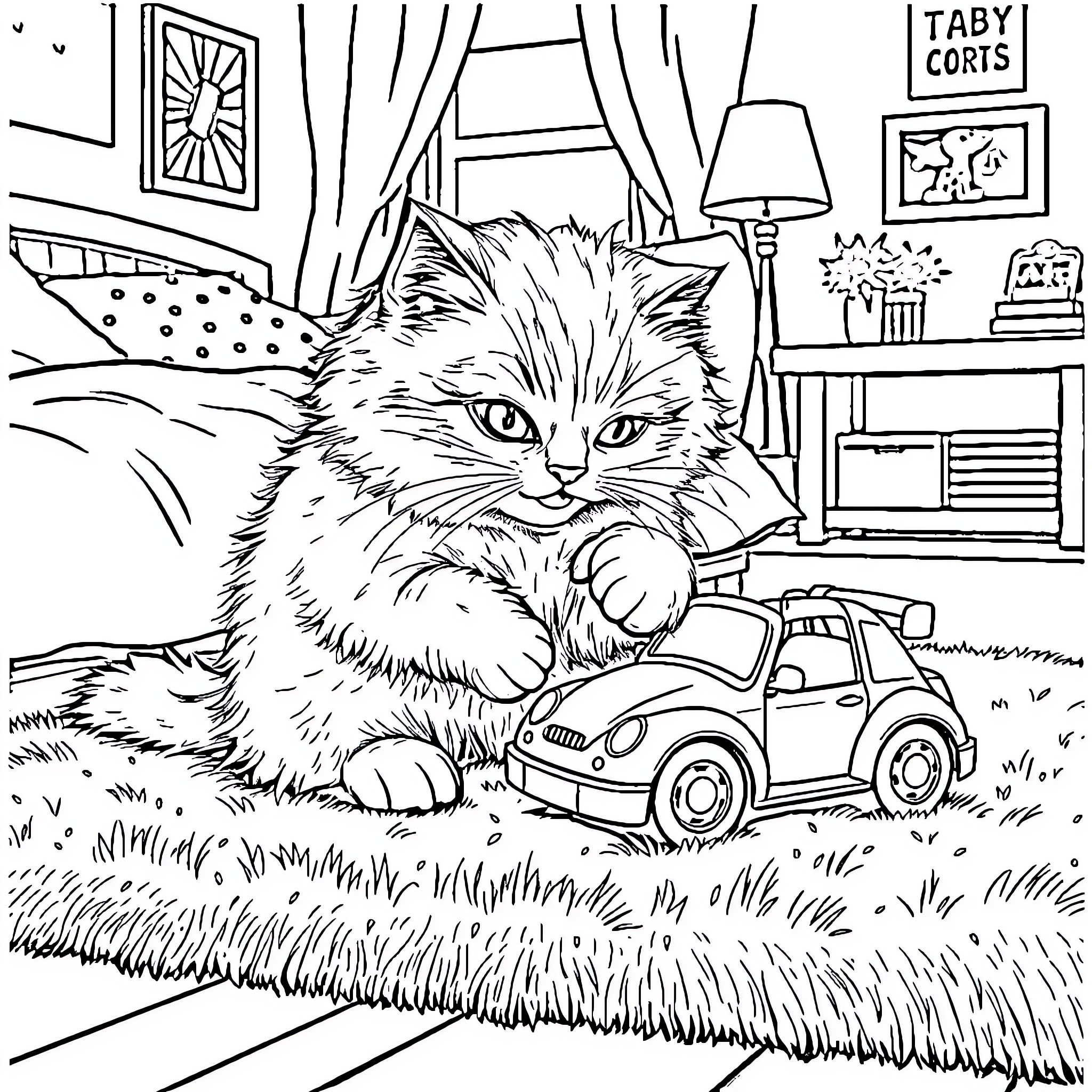 Cat playing with toy car in a room Coloring Page (free black-and-white line drawing printable PDF for all, from beginners to advanced learners, including children, teens, adults, and seniors)