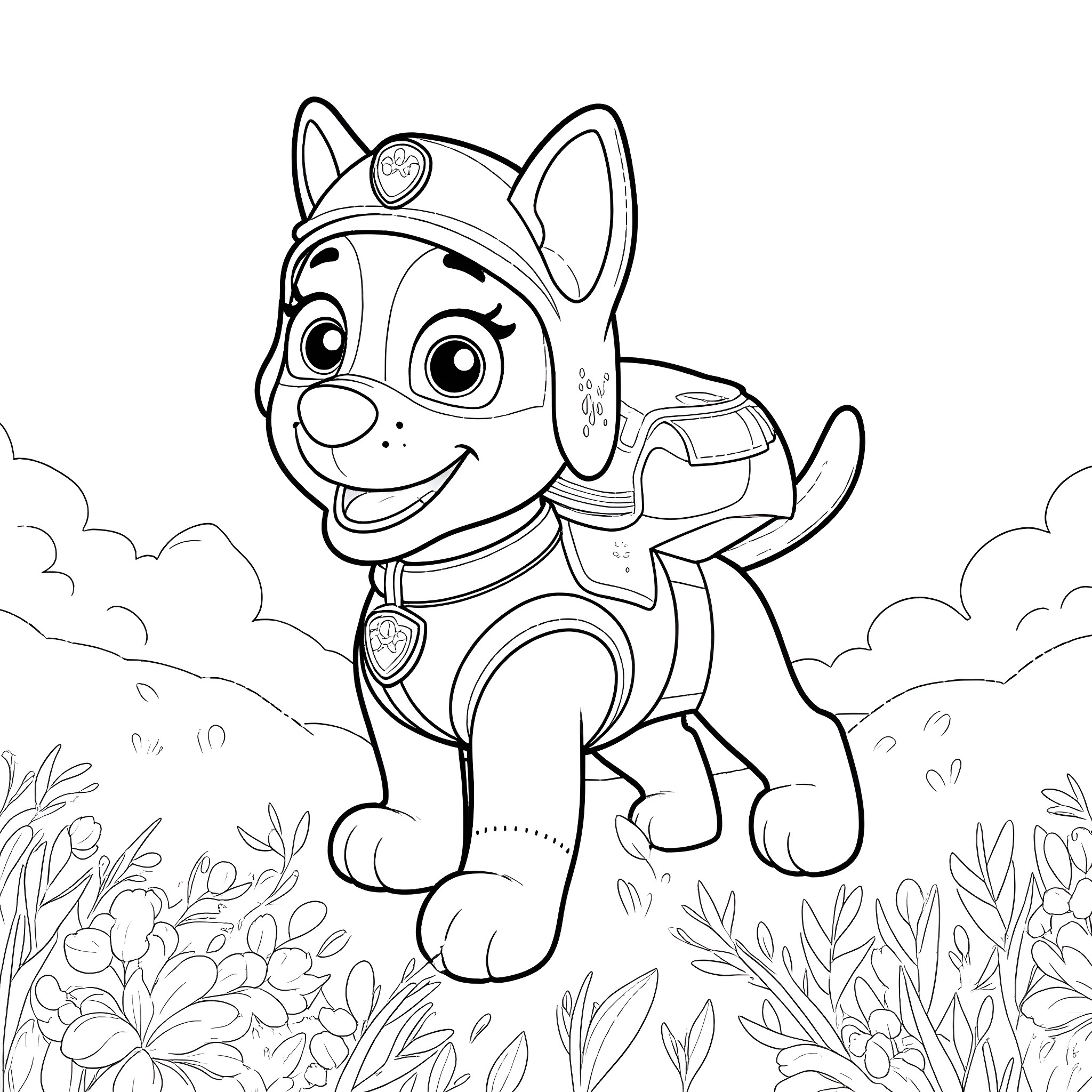 Paw Patrol pup on an adventure in the outdoors Coloring Page (free black-and-white line drawing printable PDF for all, from beginners to advanced learners, including children, teens, adults, and seniors)