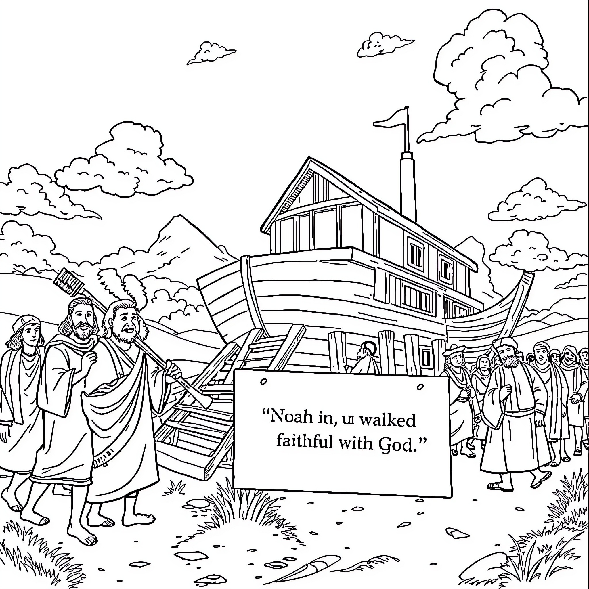 Noah's faithful journey with God in a wondrous scene Coloring Page (free black-and-white line drawing printable PDF for all, from beginners to advanced learners, including children, teens, adults, and seniors)