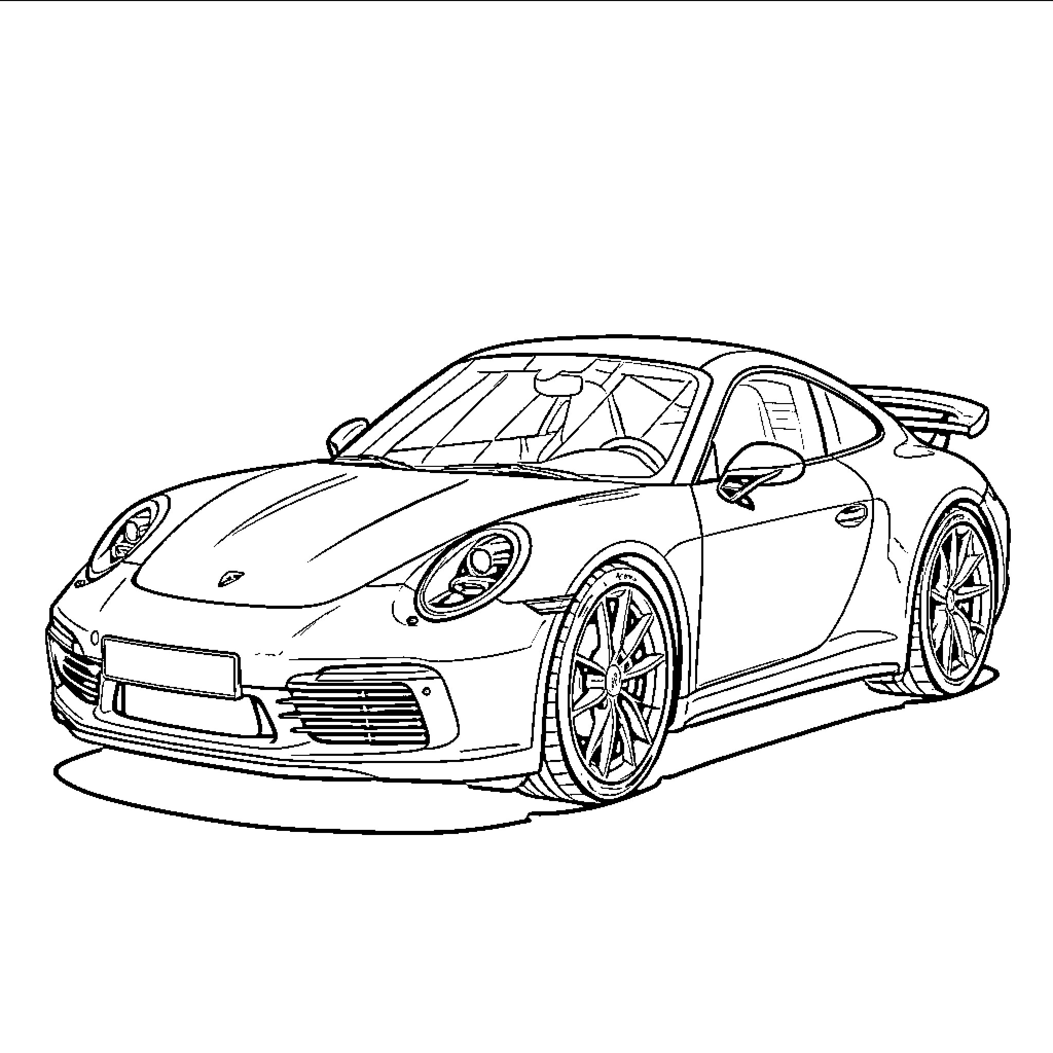 Porsche sports car in simple line drawing Coloring Page (free black-and-white line drawing printable PDF for all, from beginners to advanced learners, including children, teens, adults, and seniors)