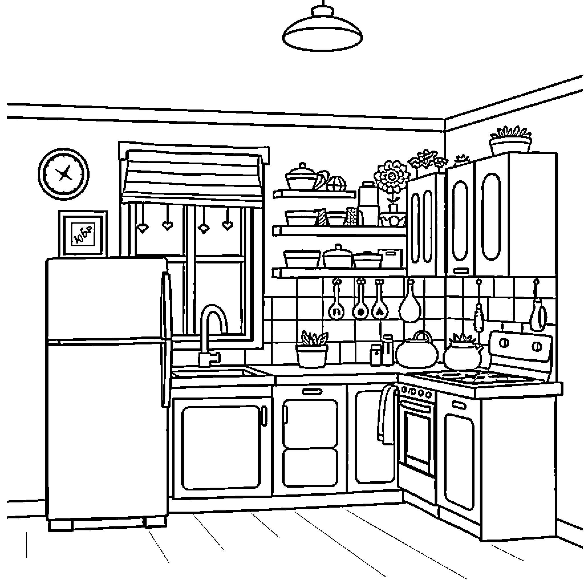 Kitchen with Cooking Appliances and Utensils Coloring Page (free black-and-white line drawing printable PDF for all, from beginners to advanced learners, including children, teens, adults, and seniors)