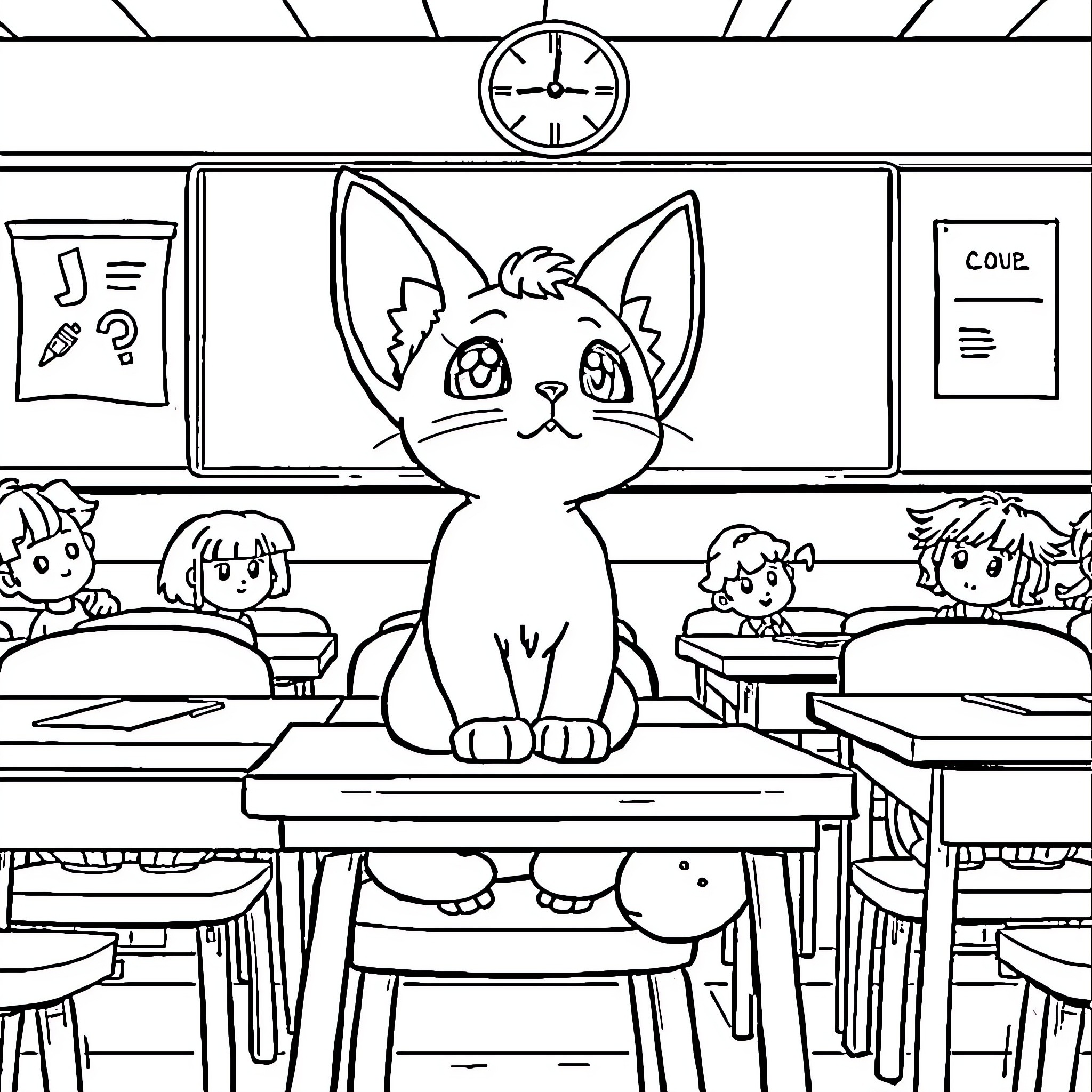 Mew Curious Kitten in the Classroom Coloring Page (free black-and-white line drawing printable PDF for all, from beginners to advanced learners, including children, teens, adults, and seniors)