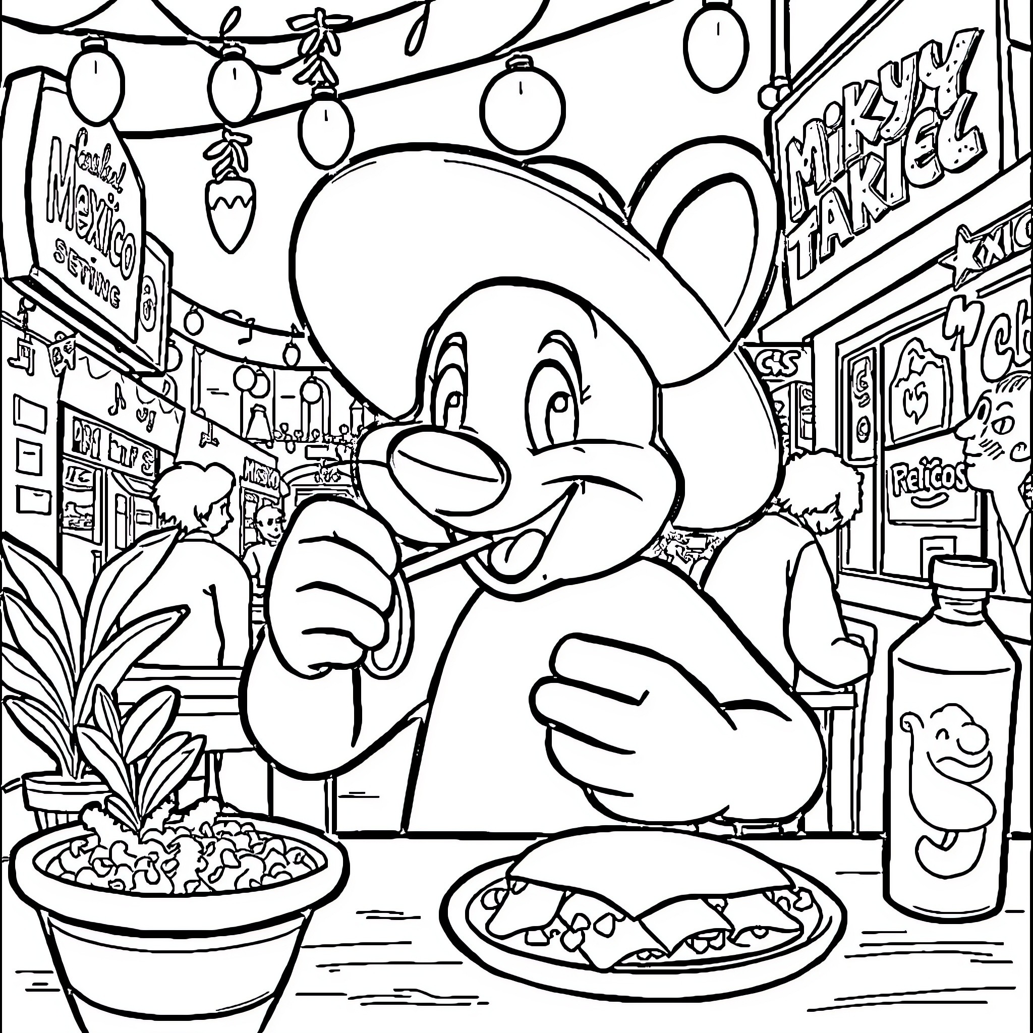 Mikey Maus enjoys a festive celebration Coloring Page (free black-and-white line drawing printable PDF for all, from beginners to advanced learners, including children, teens, adults, and seniors)