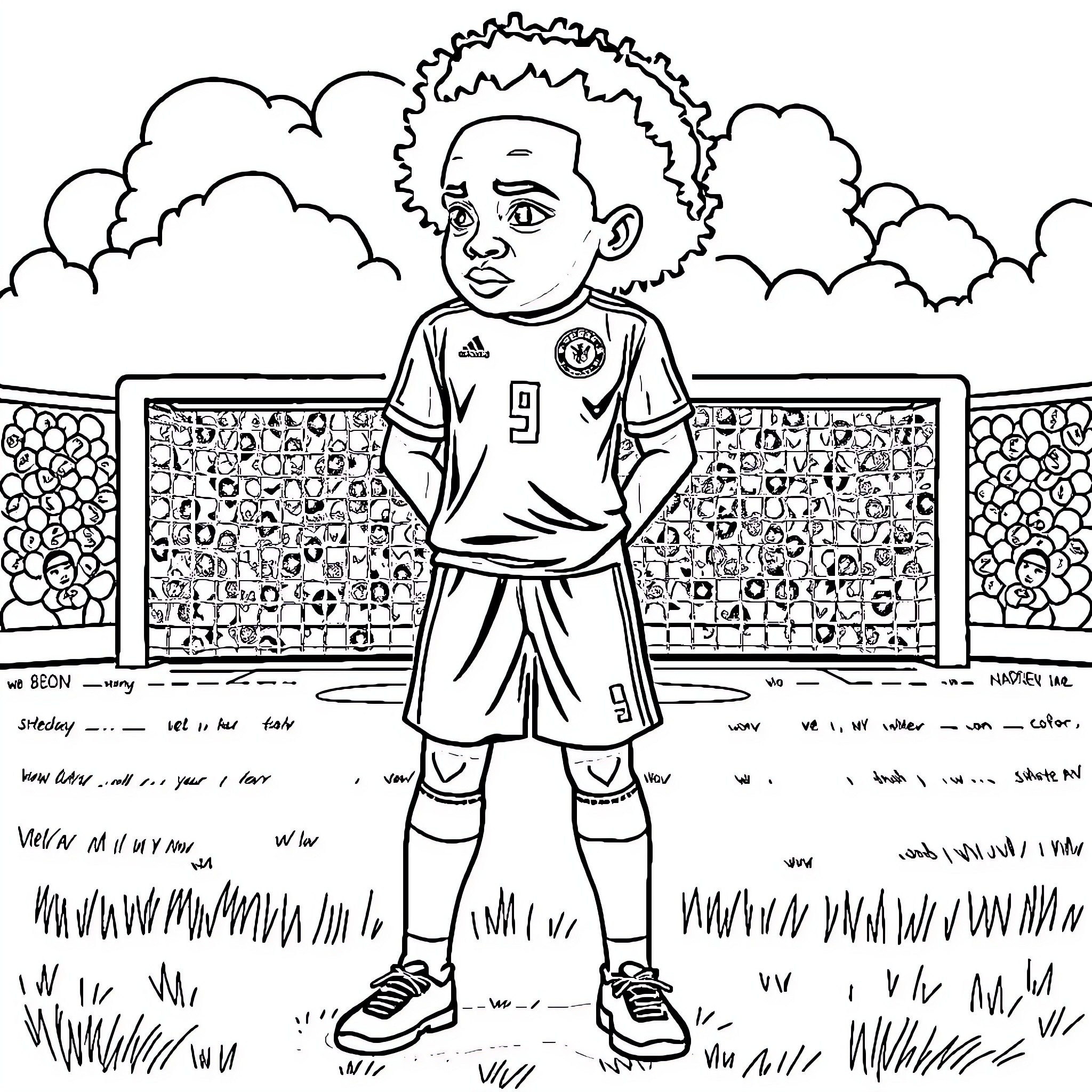 Bukayo Saka playing on the field with energy Coloring Page (free black-and-white line drawing printable PDF for all, from beginners to advanced learners, including children, teens, adults, and seniors)