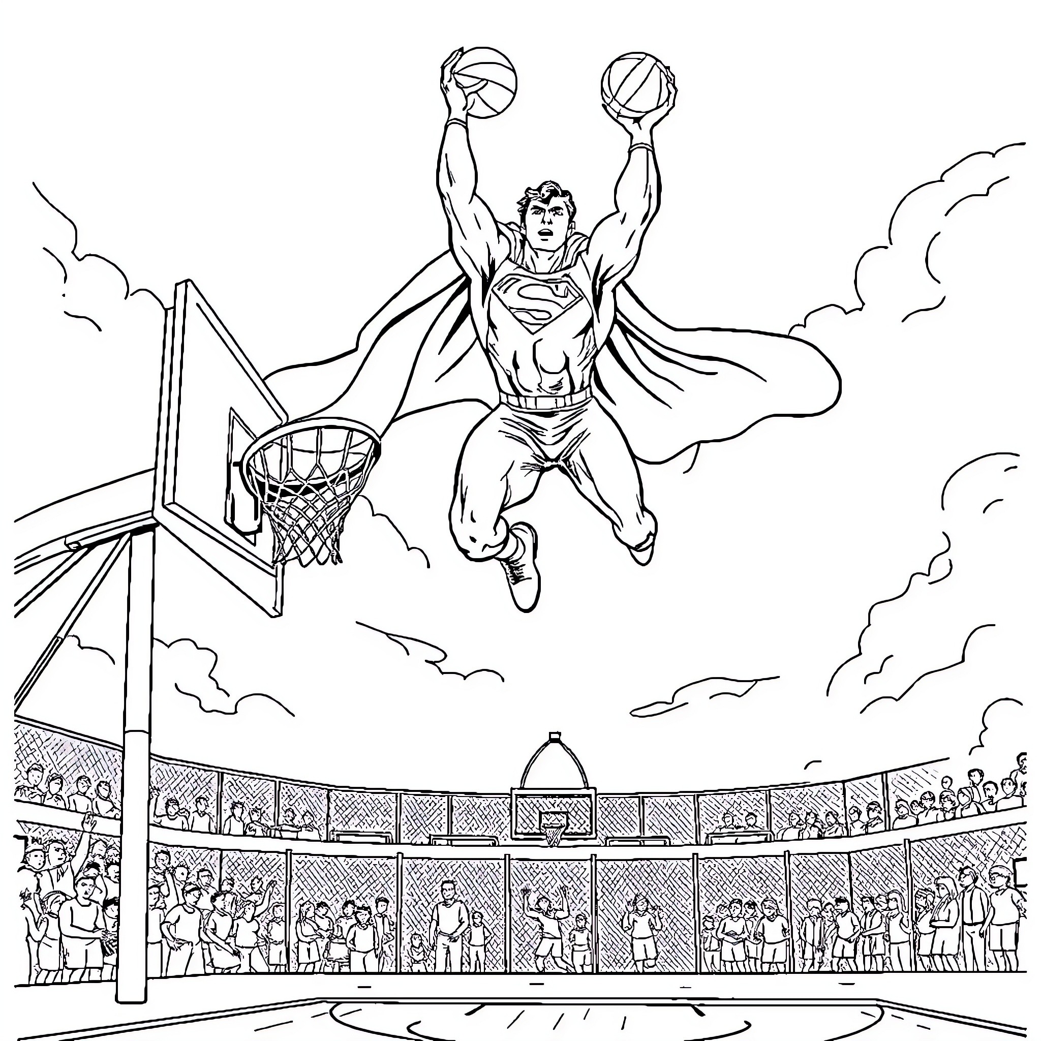 Superman dunking basketballs in front of a crowd Coloring Page (free black-and-white line drawing printable PDF for all, from beginners to advanced learners, including children, teens, adults, and seniors)