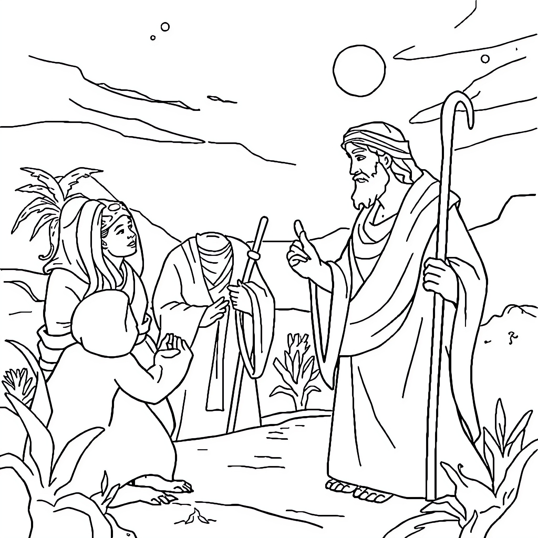 Joseph and the Family's Journey in the Wilderness Coloring Page (free black-and-white line drawing printable PDF for all, from beginners to advanced learners, including children, teens, adults, and seniors)