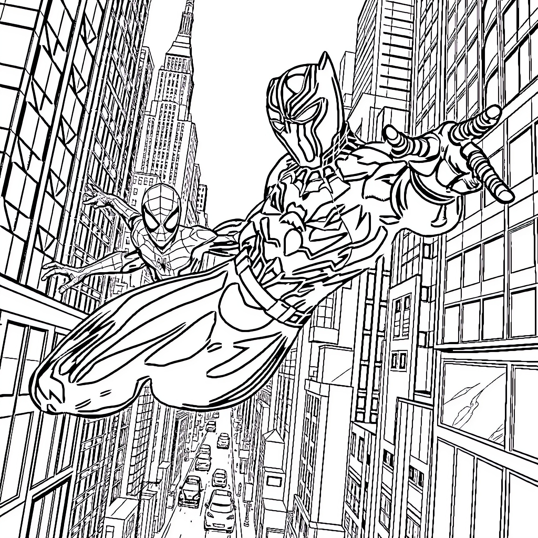 Panther Superhero Soaring Through Cityscape Coloring Page (free black-and-white line drawing printable PDF for all, from beginners to advanced learners, including children, teens, adults, and seniors)