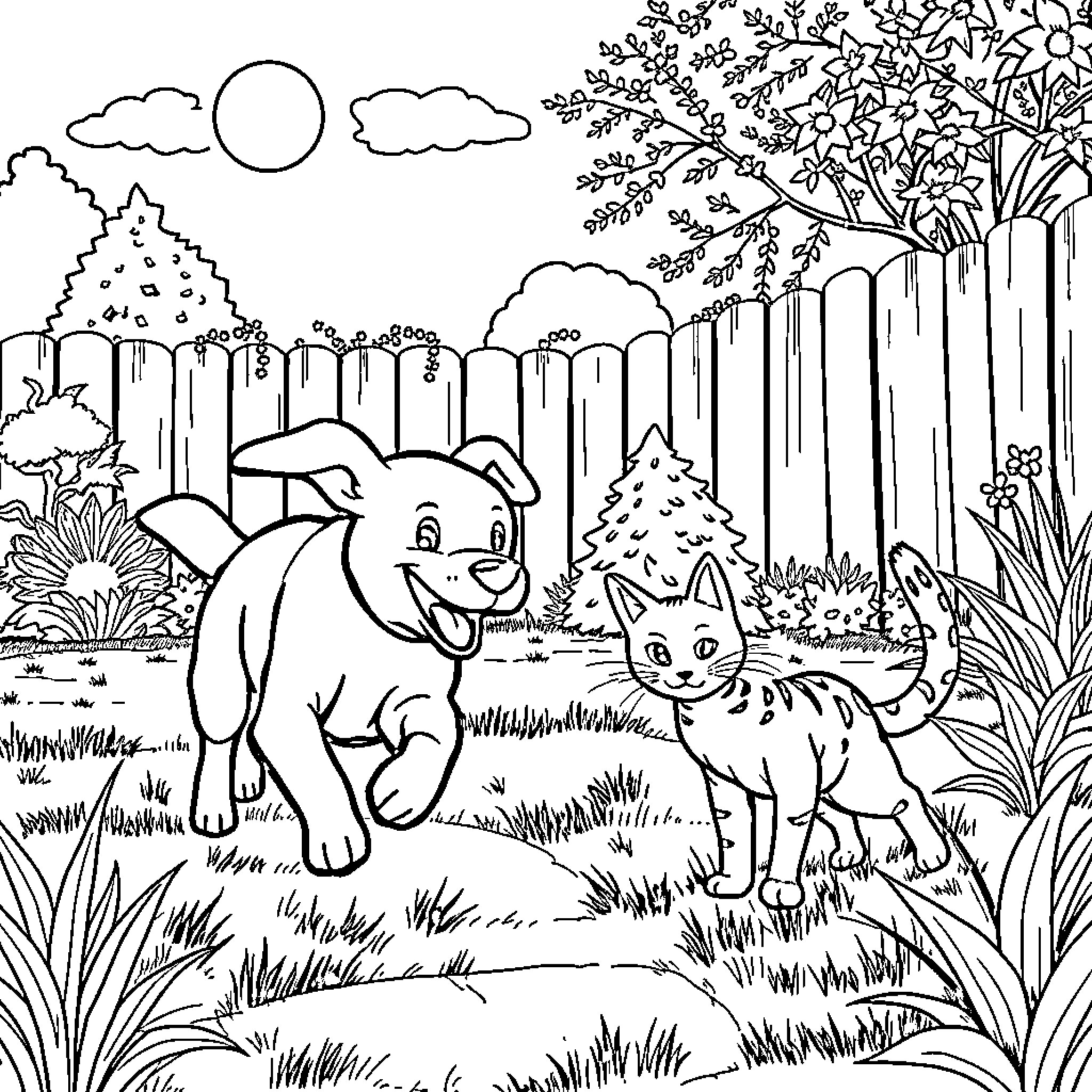 Dog and Cat Enjoying Outdoor Scenery Coloring Page (free black-and-white line drawing printable PDF for all, from beginners to advanced learners, including children, teens, adults, and seniors)