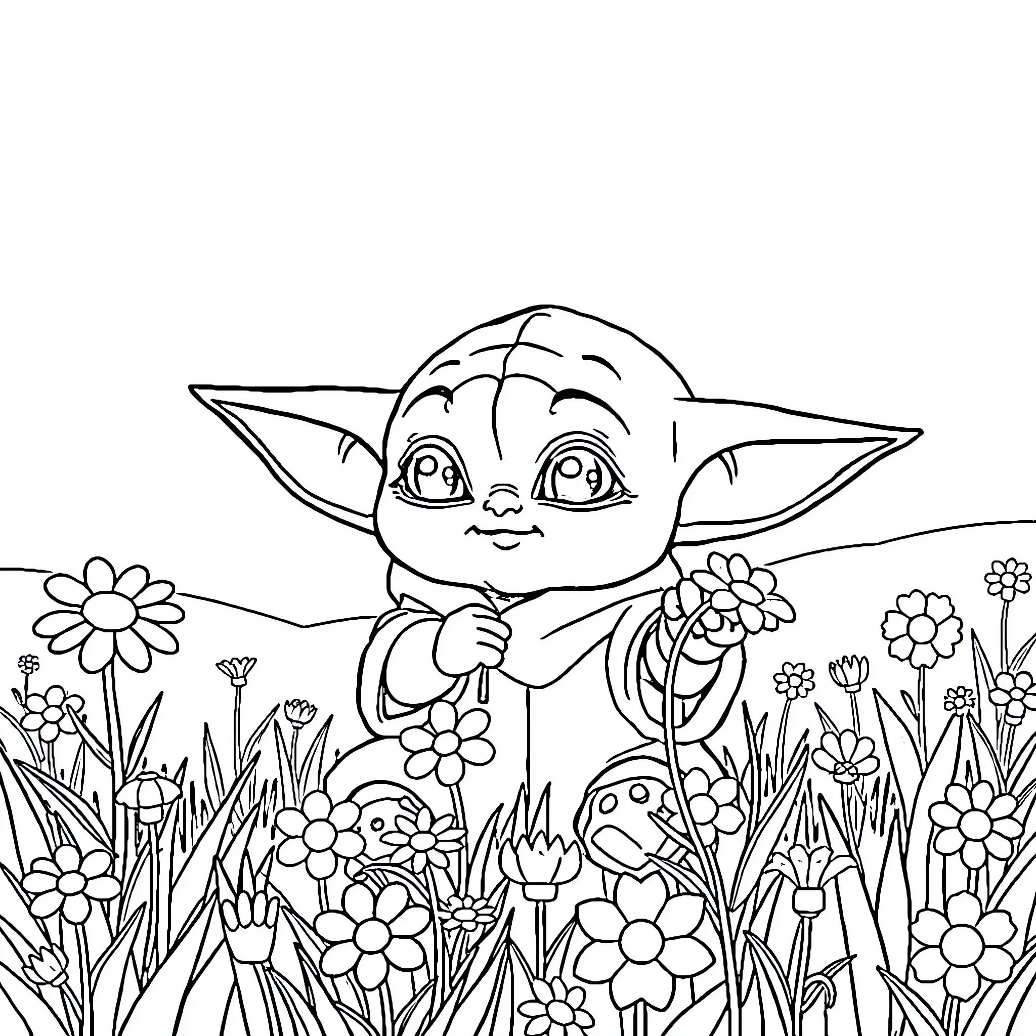 Baby Yoda enjoying the flower garden Coloring Page (free black-and-white line drawing printable PDF for all, from beginners to advanced learners, including children, teens, adults, and seniors)