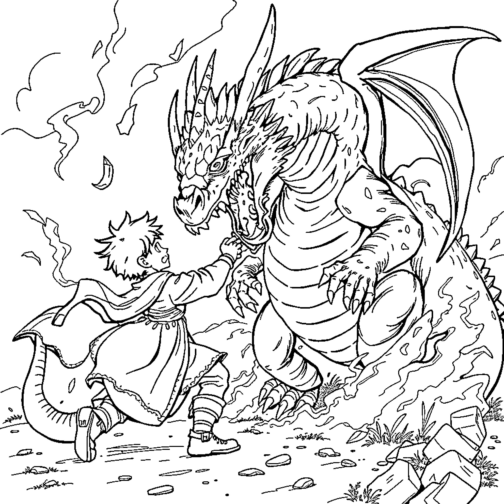 Dragon battling a warrior in a rugged terrain Coloring Page (free black-and-white line drawing printable PDF for all, from beginners to advanced learners, including children, teens, adults, and seniors)