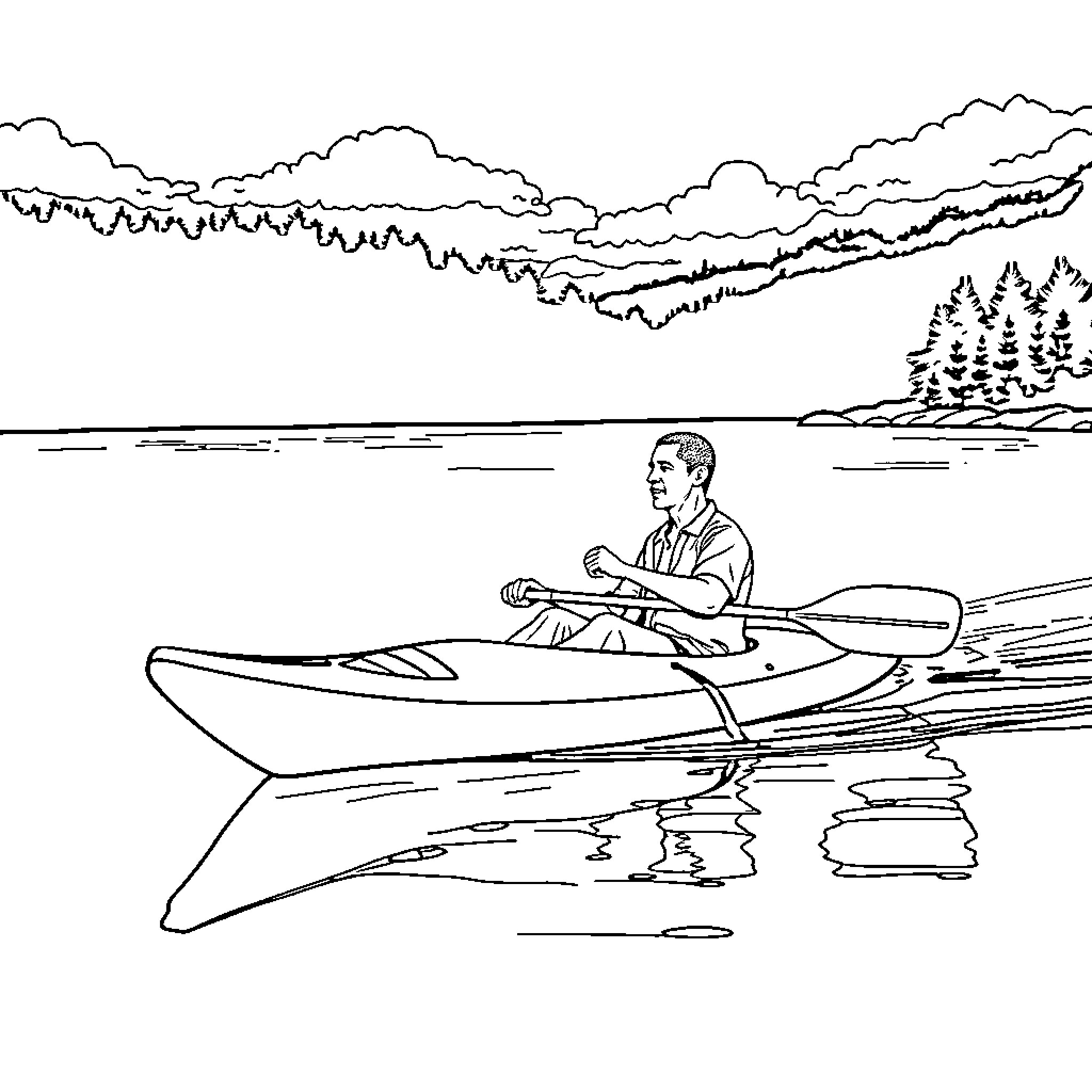 Obama enjoying a peaceful kayak trip in nature Coloring Page (free black-and-white line drawing printable PDF for all, from beginners to advanced learners, including children, teens, adults, and seniors)