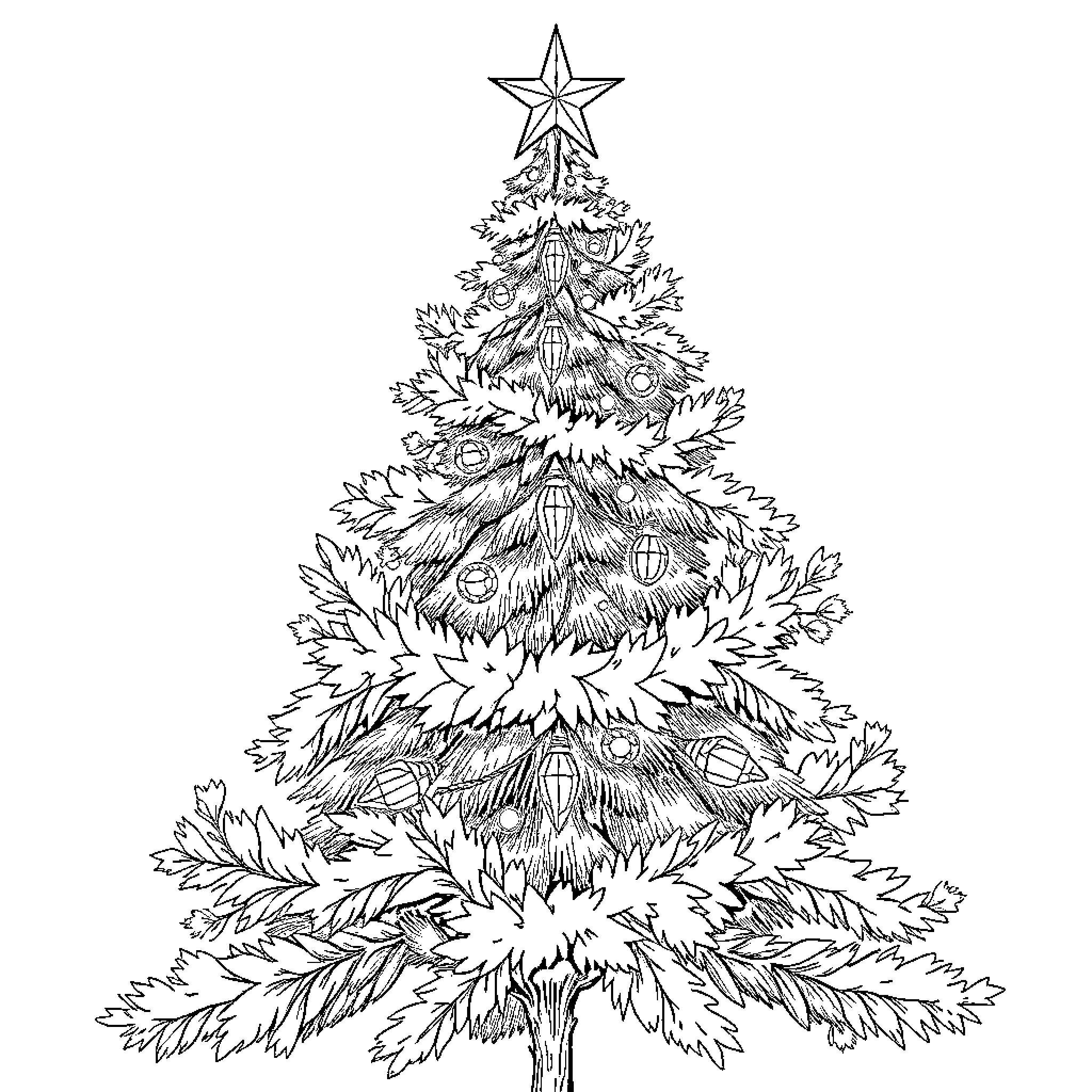 Christmas Tree with Ornate Decorations Coloring Page (free black-and-white line drawing printable PDF for all, from beginners to advanced learners, including children, teens, adults, and seniors)