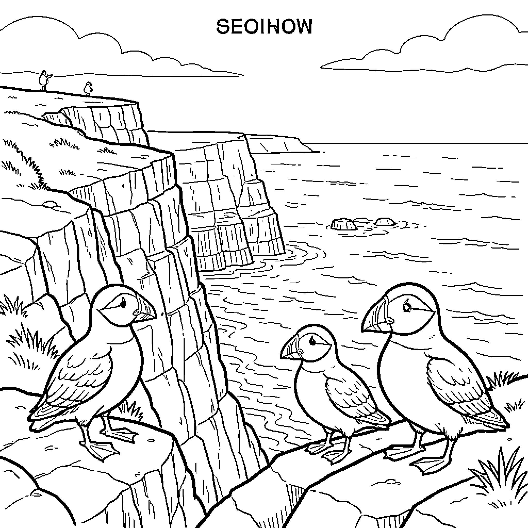 Puffin birds standing on a rocky cliffside Coloring Page (free black-and-white line drawing printable PDF for all, from beginners to advanced learners, including children, teens, adults, and seniors)