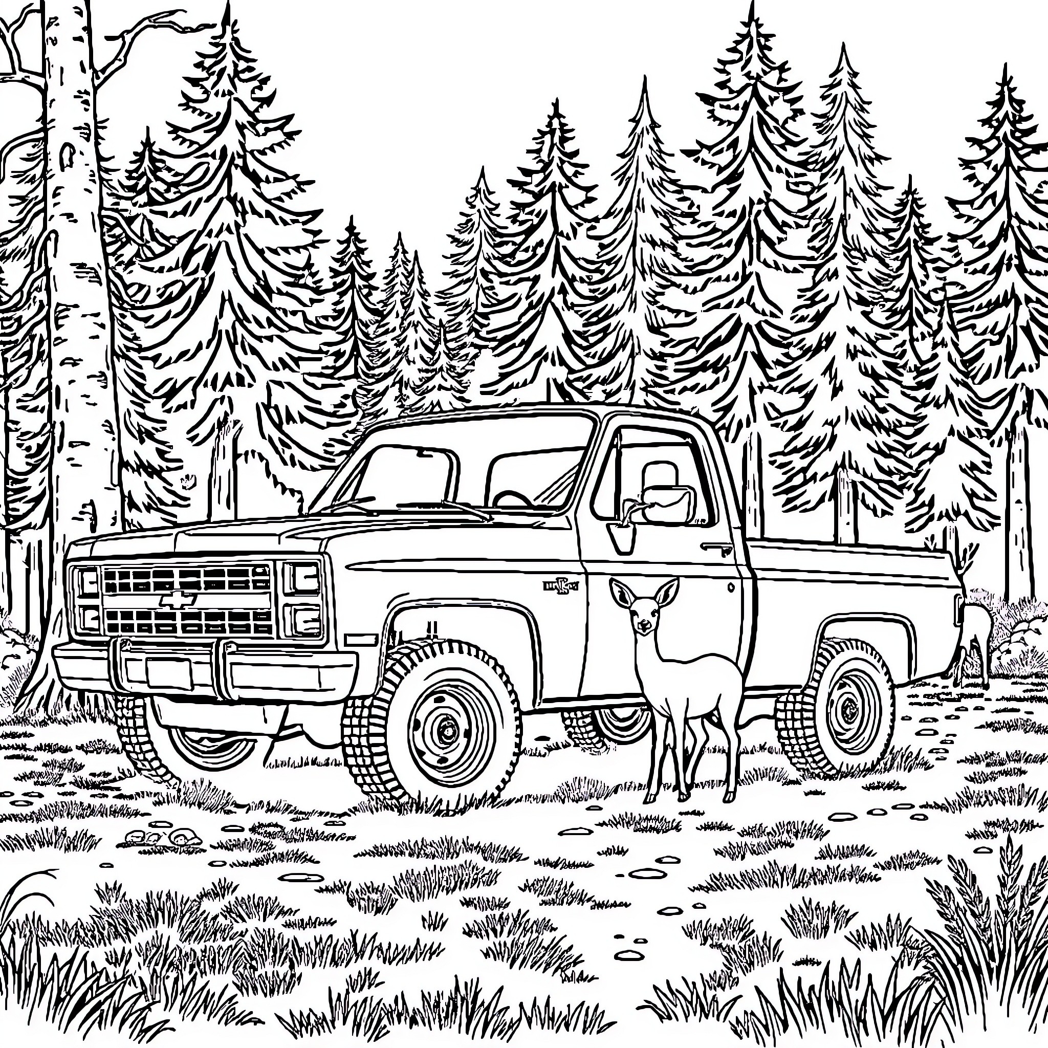 Chevy truck exploring the wilderness Coloring Page (free black-and-white line drawing printable PDF for all, from beginners to advanced learners, including children, teens, adults, and seniors)