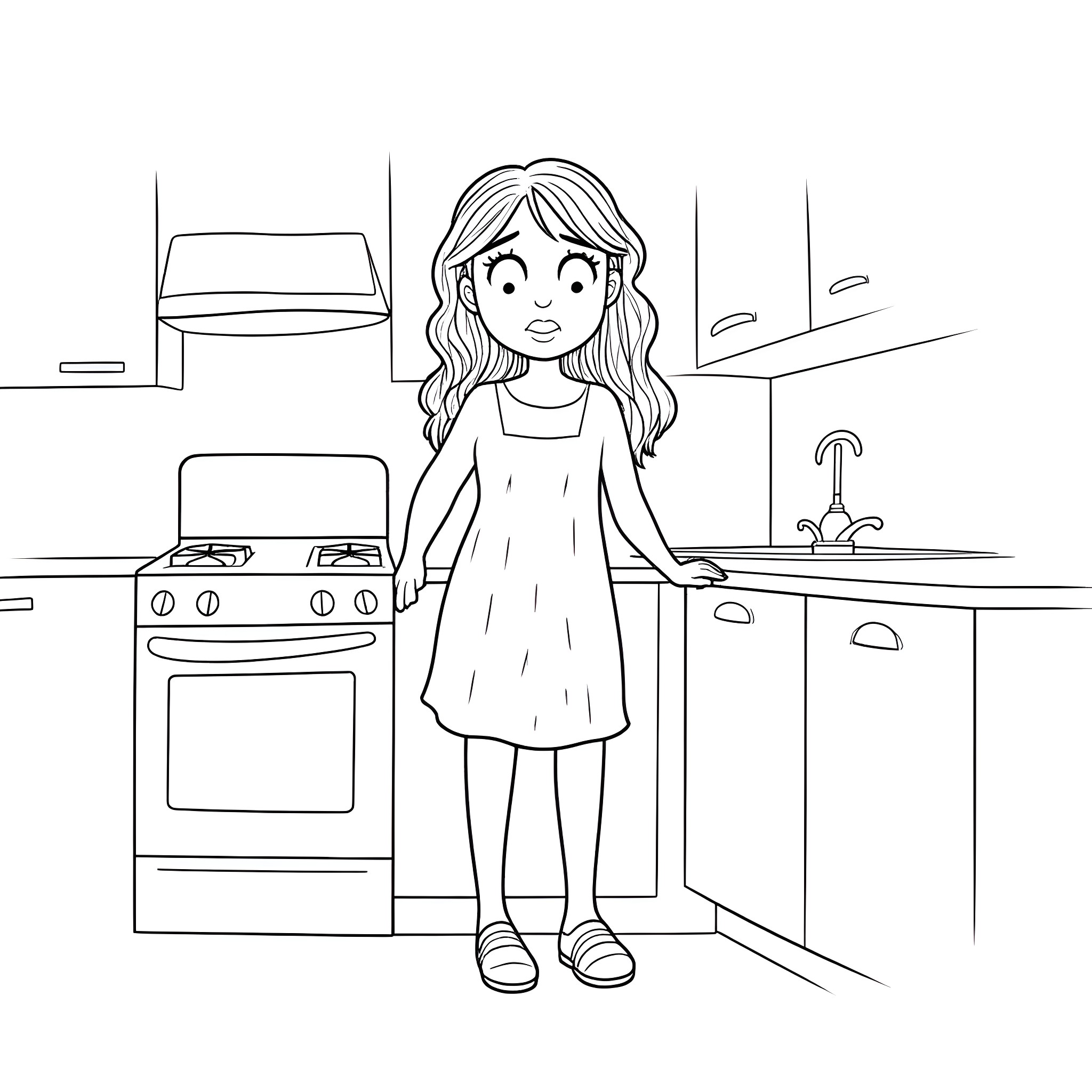 Mom cooking in the kitchen Coloring Page (free black-and-white line drawing printable PDF for all, from beginners to advanced learners, including children, teens, adults, and seniors)