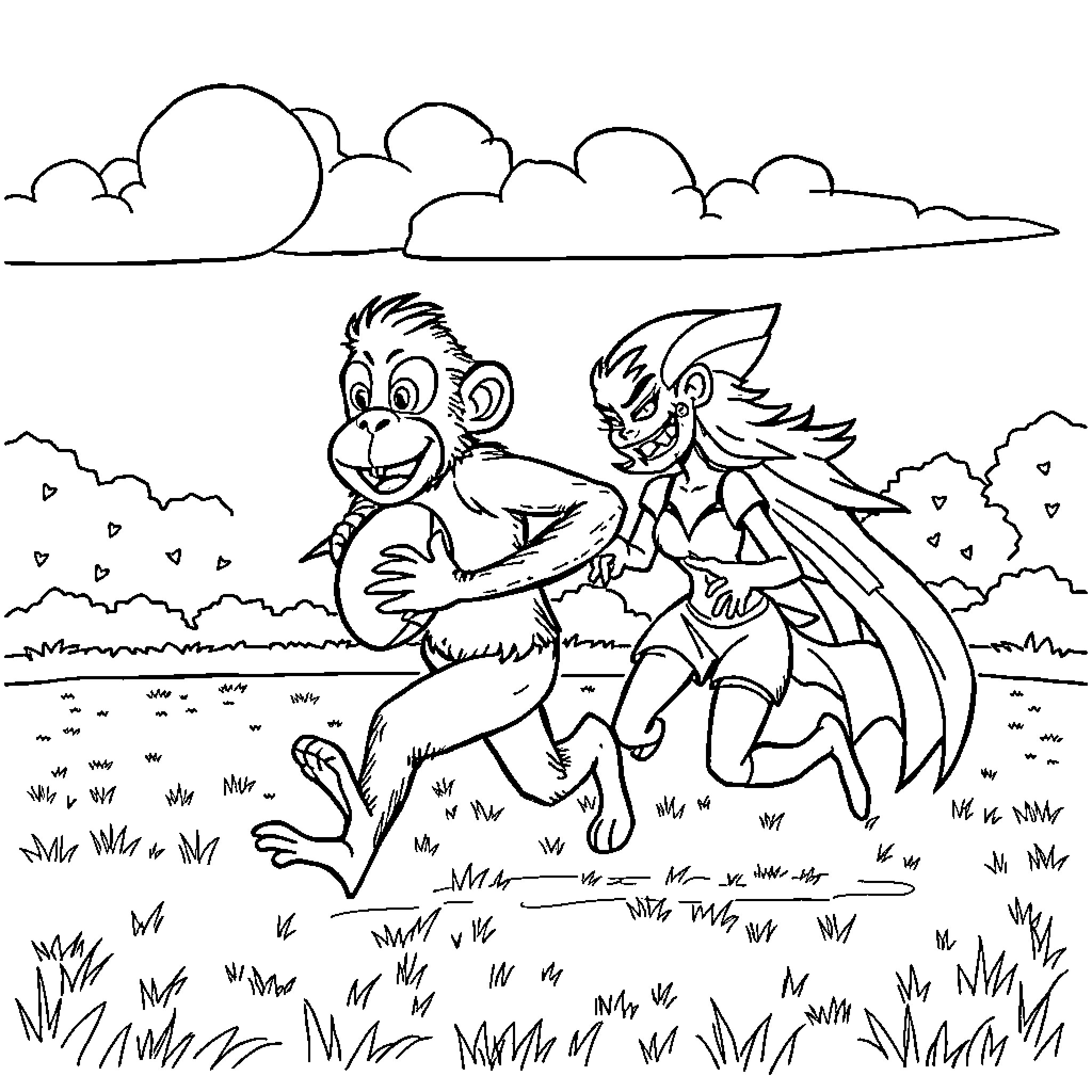 Monkey and bird playing together in the field Coloring Page (free black-and-white line drawing printable PDF for all, from beginners to advanced learners, including children, teens, adults, and seniors)