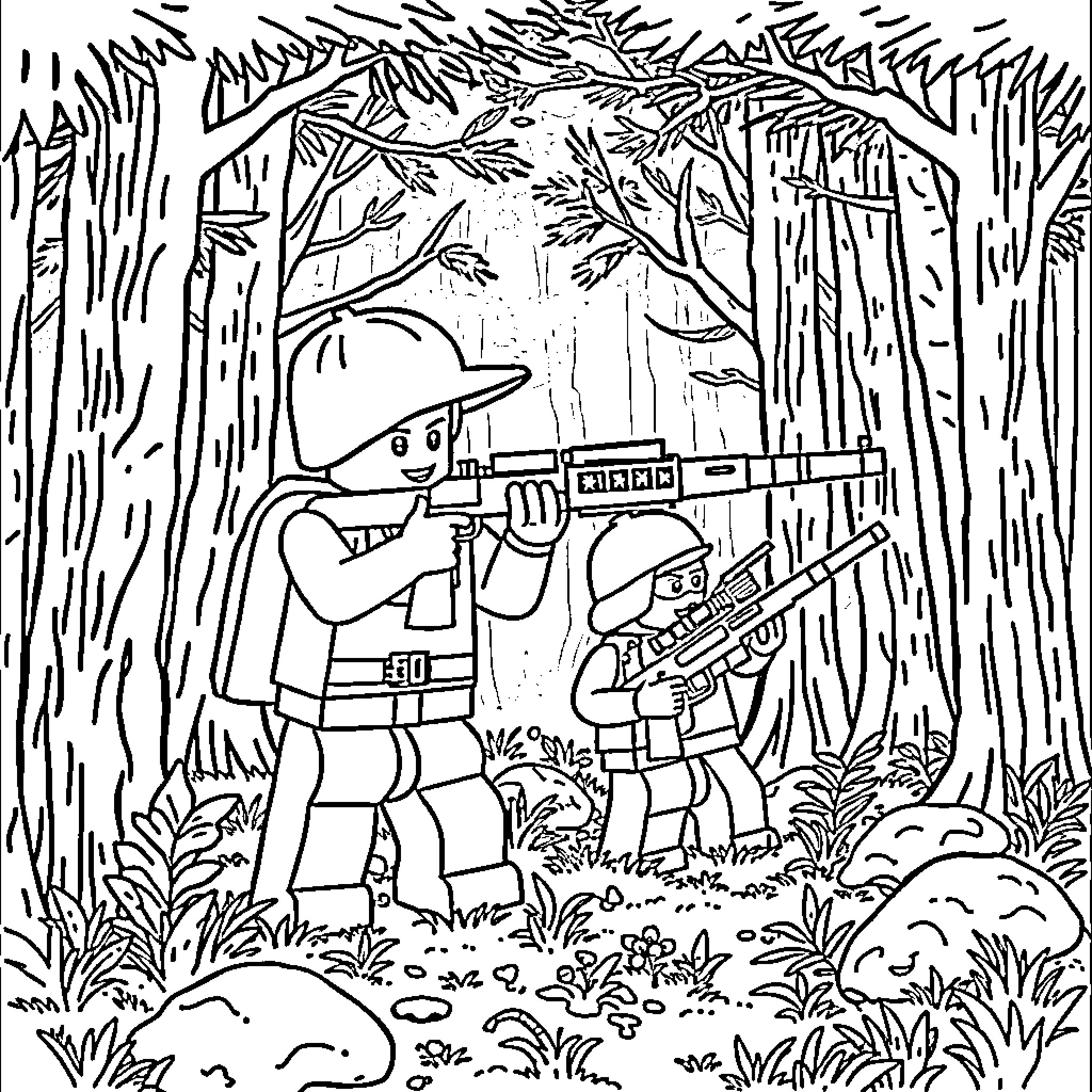 Lego soldiers on a jungle mission Coloring Page (free black-and-white line drawing printable PDF for all, from beginners to advanced learners, including children, teens, adults, and seniors)