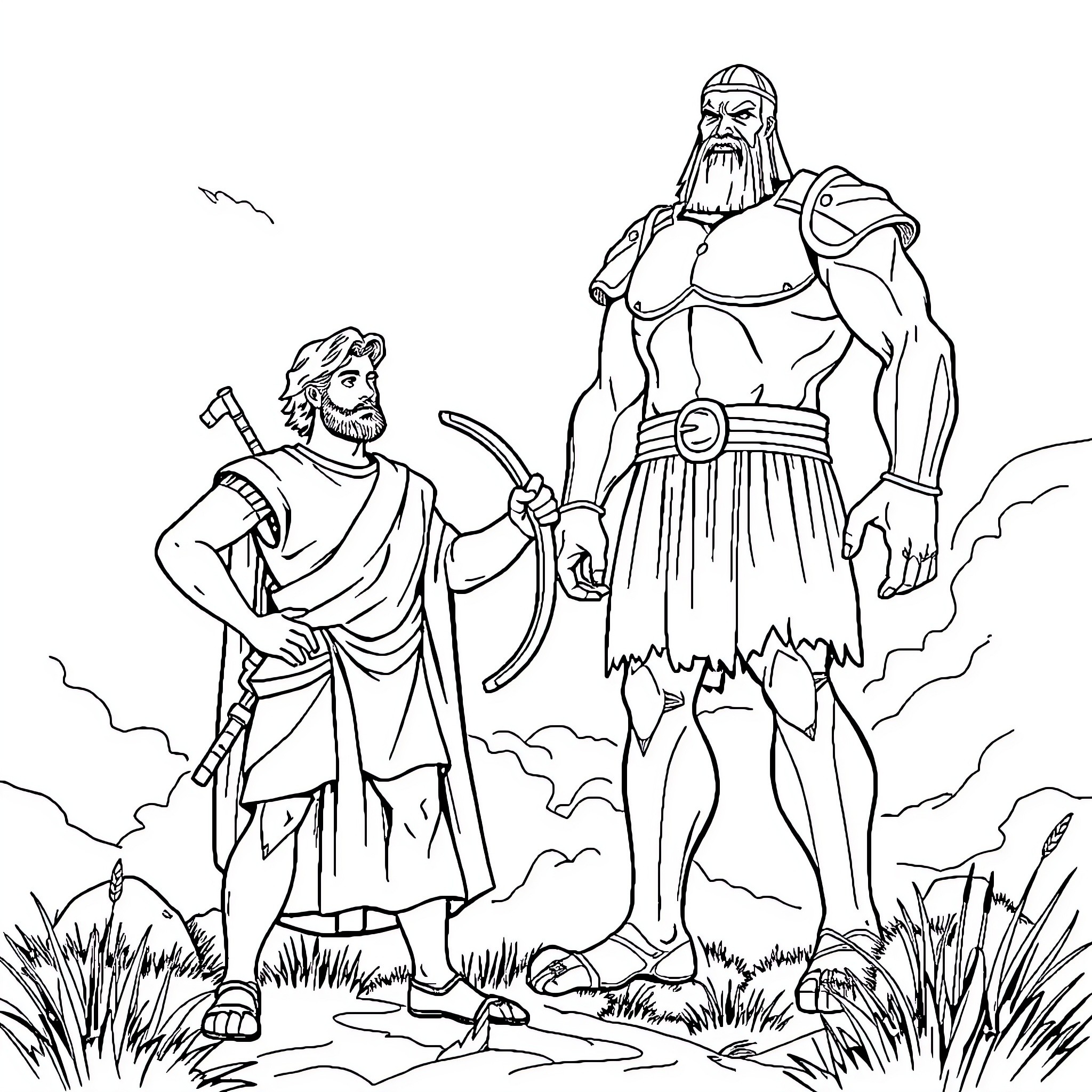 David and Goliath: The Underdog's Triumph Coloring Page (free black-and-white line drawing printable PDF for all, from beginners to advanced learners, including children, teens, adults, and seniors)