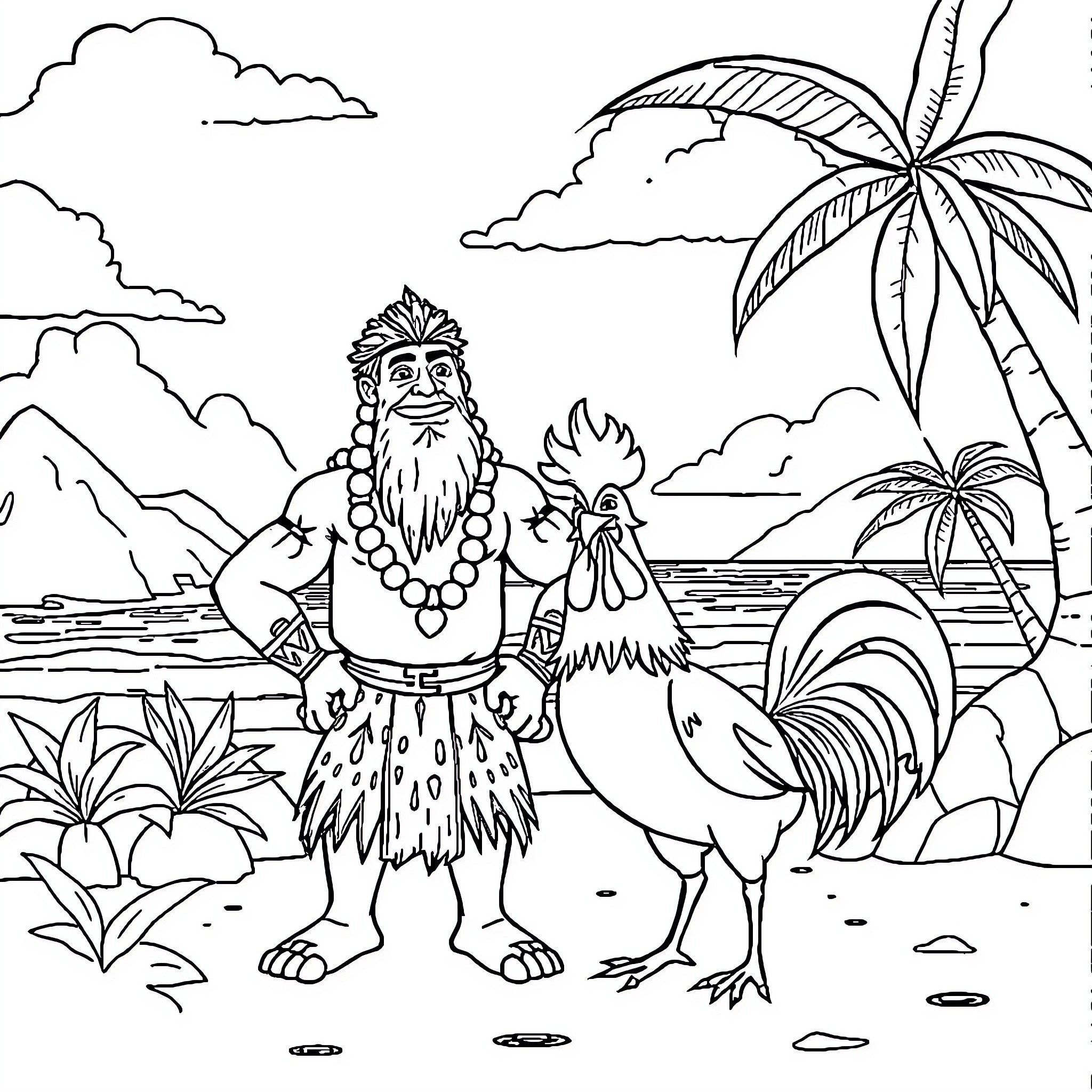 Maui and His Rooster Companion on a Tropical Island Coloring Page (free black-and-white line drawing printable PDF for all, from beginners to advanced learners, including children, teens, adults, and seniors)