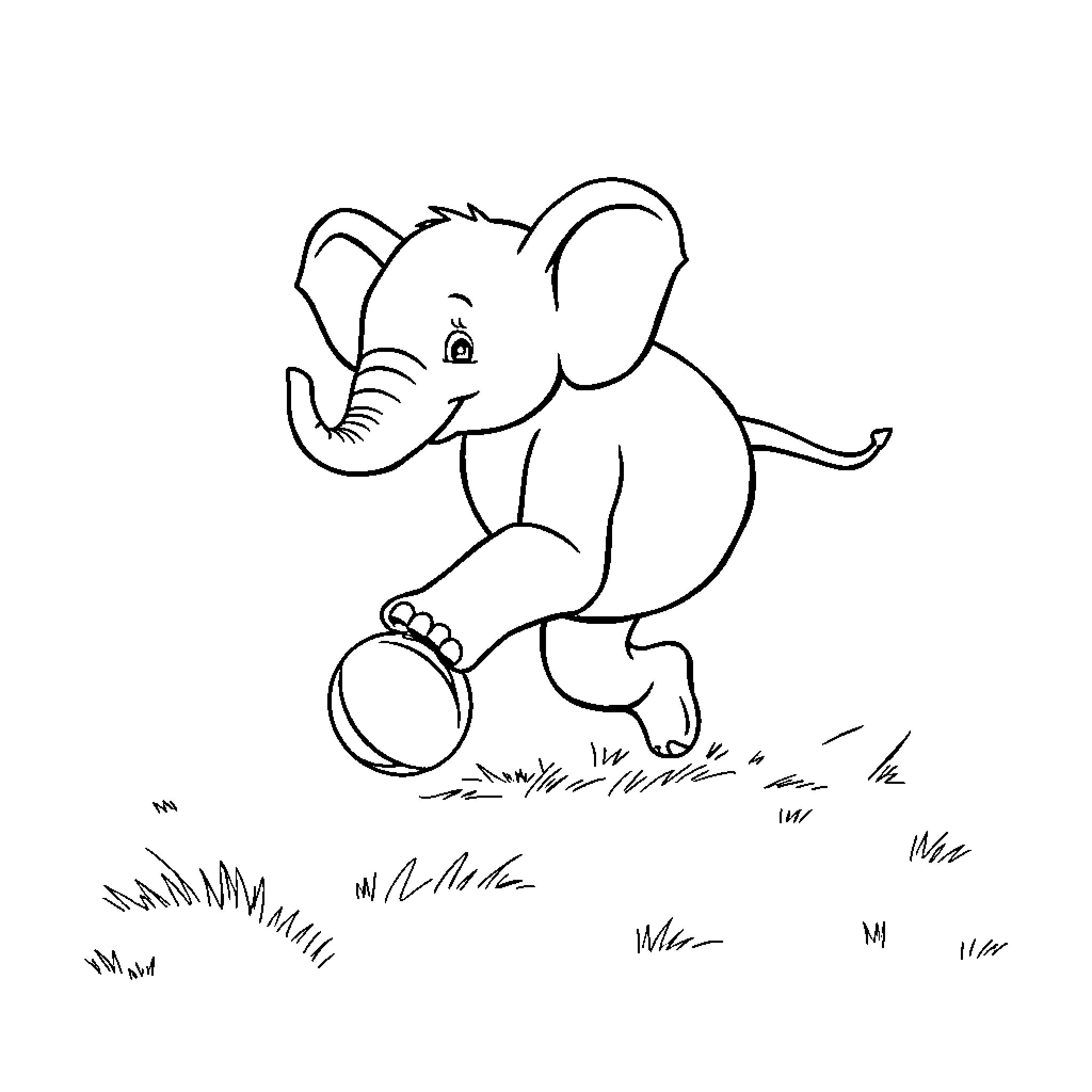 Elephant playing joyfully in the field Coloring Page (free black-and-white line drawing printable PDF for all, from beginners to advanced learners, including children, teens, adults, and seniors)
