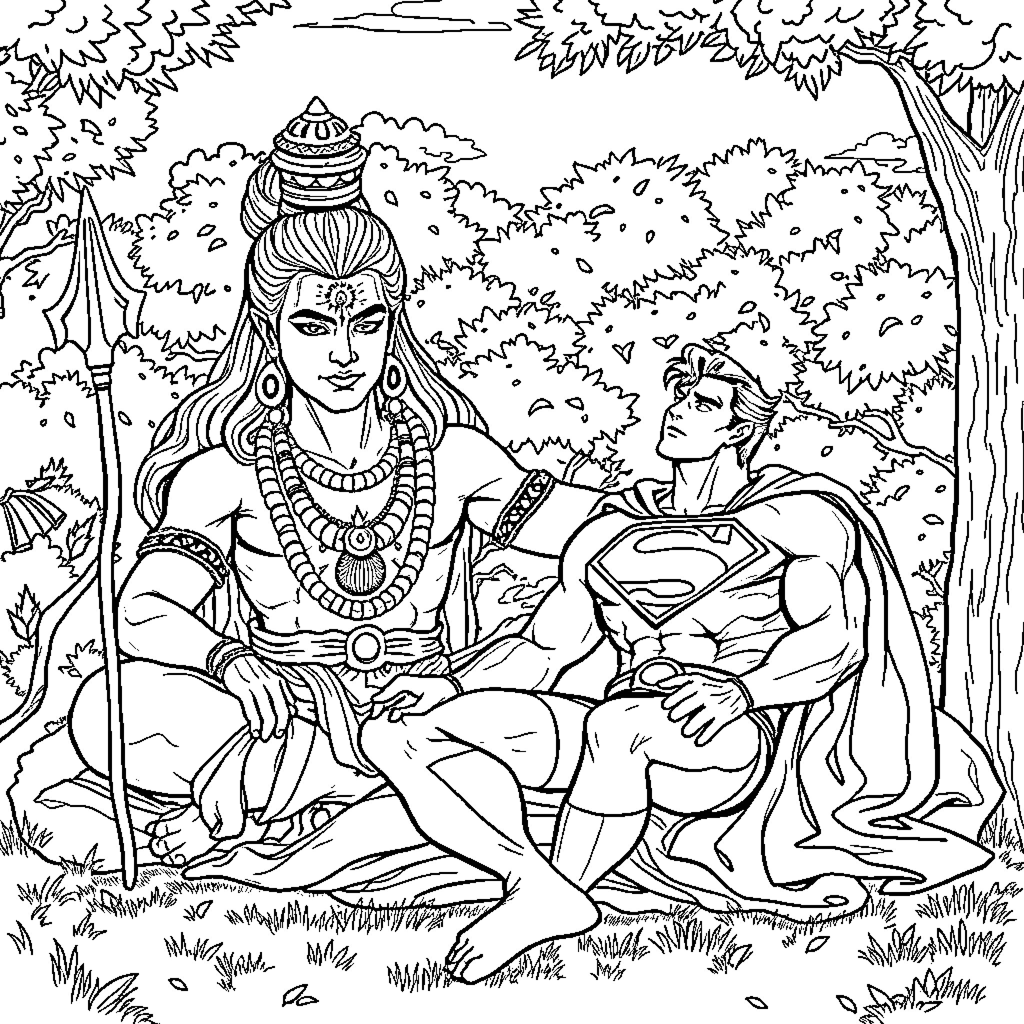 Superman interacts with a mystical figure in a forest setting Coloring Page (free black-and-white line drawing printable PDF for all, from beginners to advanced learners, including children, teens, adults, and seniors)