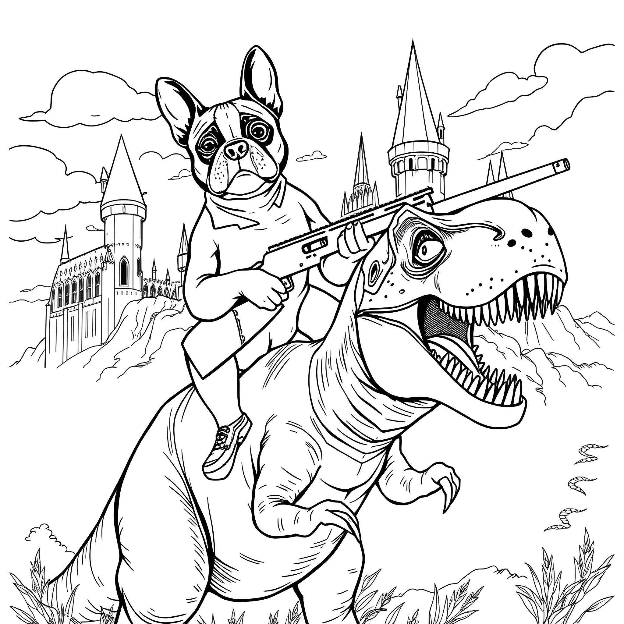 Boston Terrier riding a dinosaur in a fantastical landscape Coloring Page (free black-and-white line drawing printable PDF for all, from beginners to advanced learners, including children, teens, adults, and seniors)