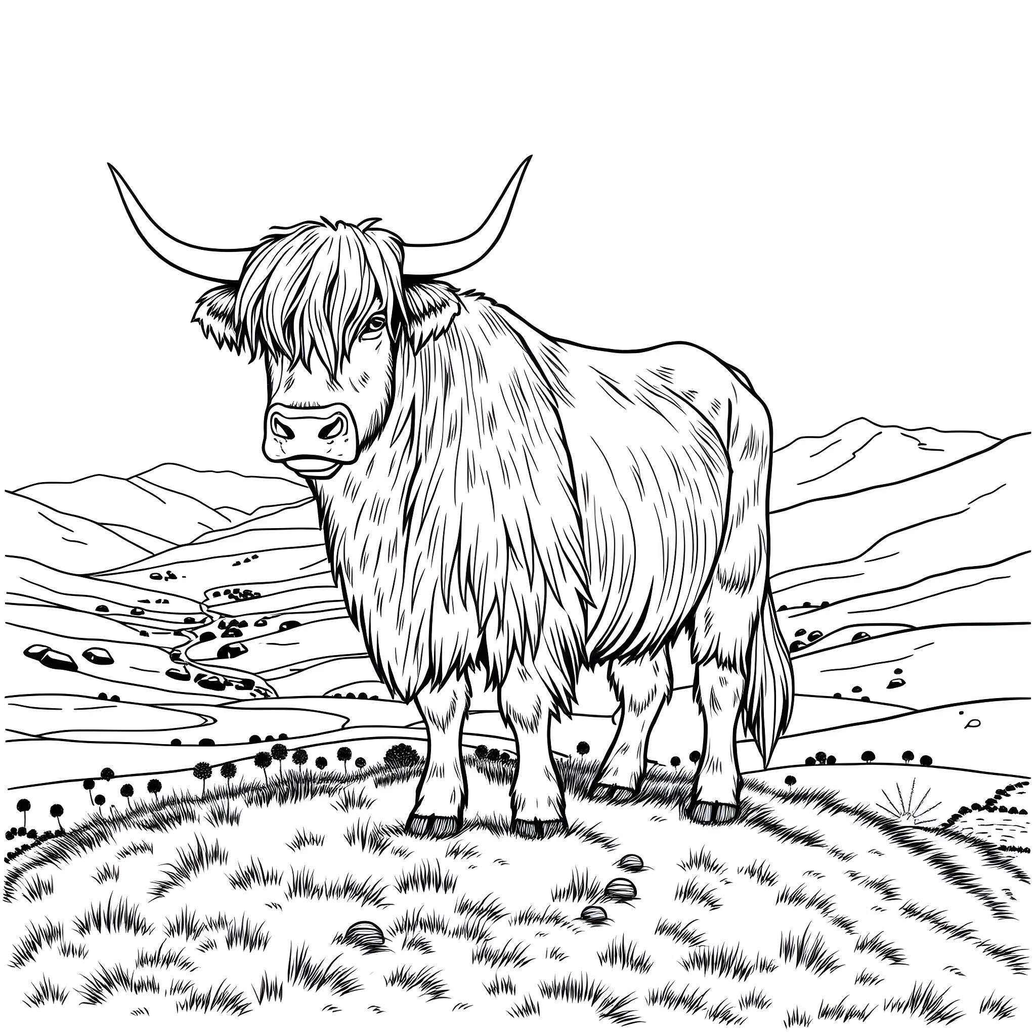 Highland Cattle standing in the scenic landscape Coloring Page (free black-and-white line drawing printable PDF for all, from beginners to advanced learners, including children, teens, adults, and seniors)