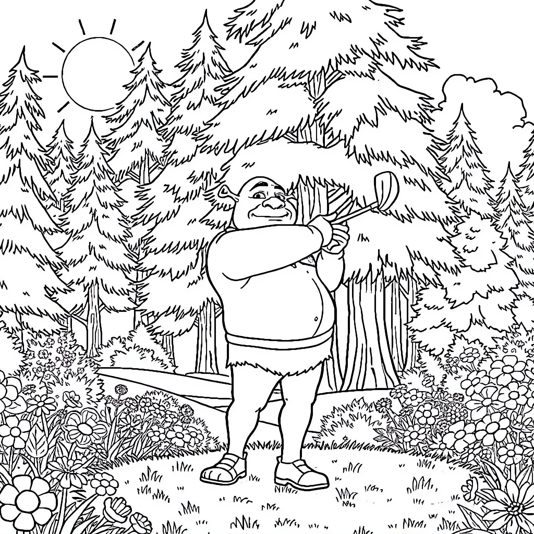 Shrek enjoying the forest scenery Coloring Page (free black-and-white line drawing printable PDF for all, from beginners to advanced learners, including children, teens, adults, and seniors)