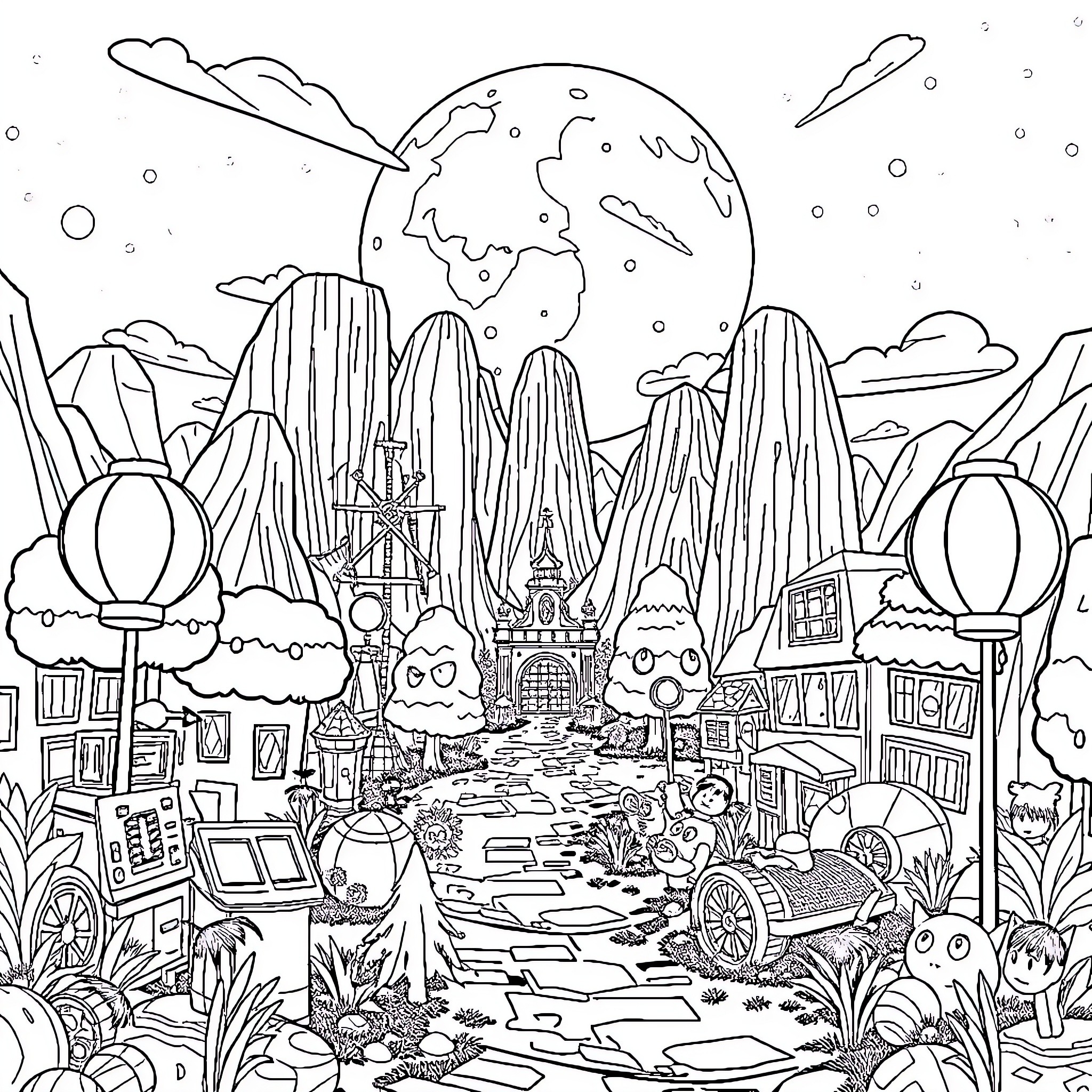 Roblox characters exploring a fantastical sci-fi landscape Coloring Page (free black-and-white line drawing printable PDF for all, from beginners to advanced learners, including children, teens, adults, and seniors)