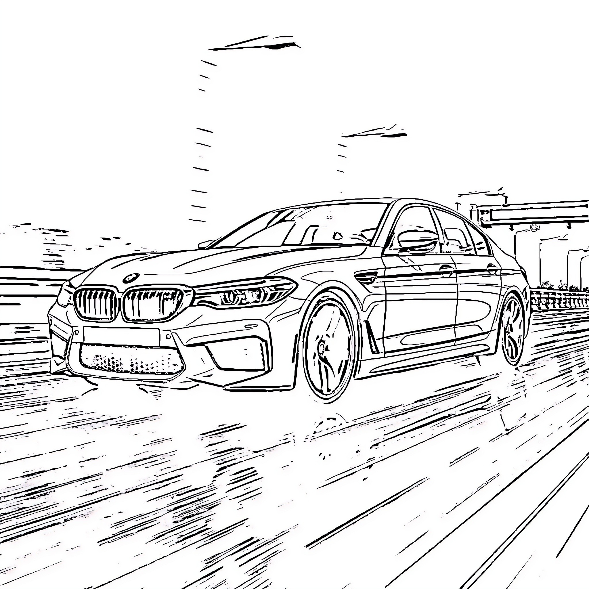 BMW racing on the highway at high speed Coloring Page (free black-and-white line drawing printable PDF for all, from beginners to advanced learners, including children, teens, adults, and seniors)