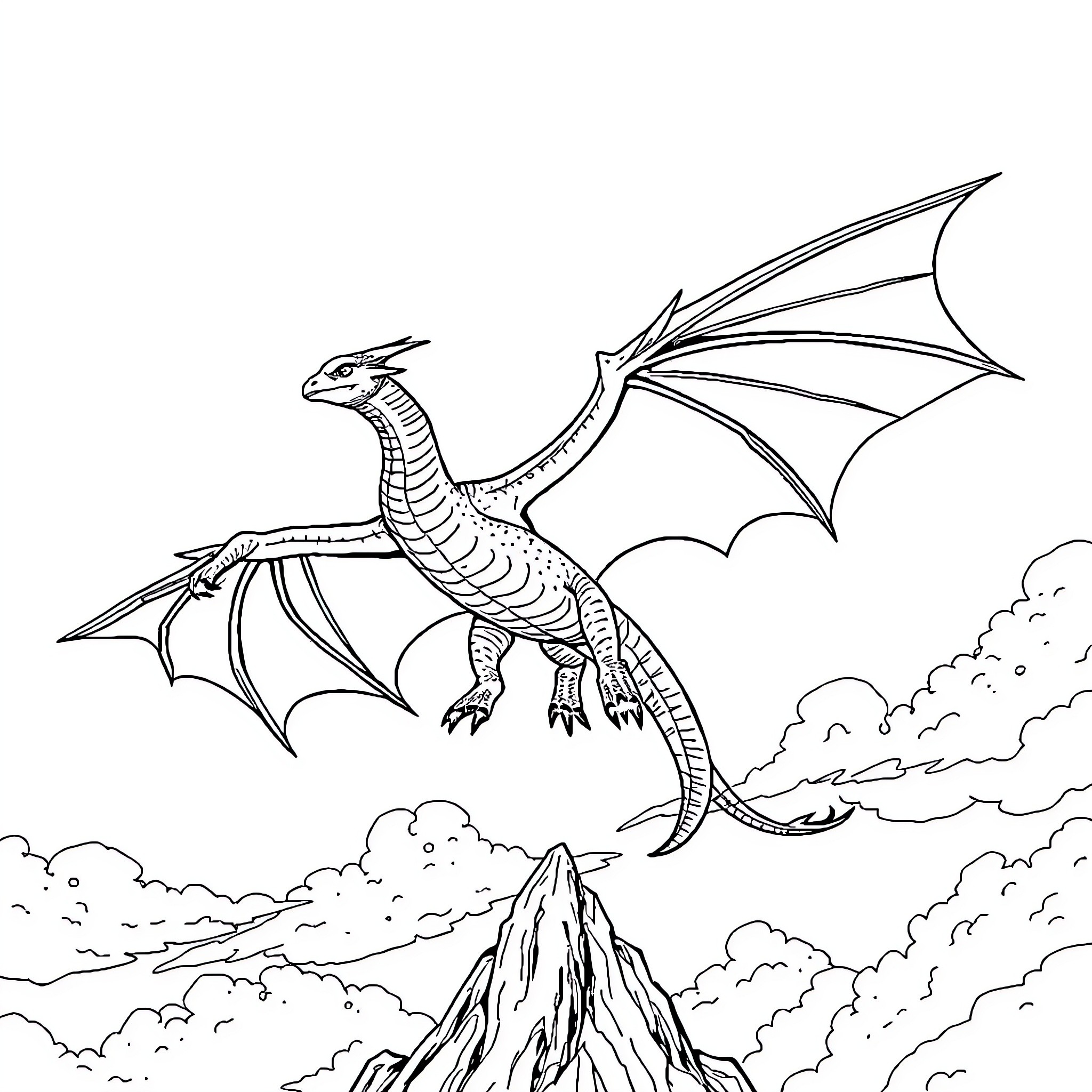 Dracaufeu soaring majestically over a mountainous landscape Coloring Page (free black-and-white line drawing printable PDF for all, from beginners to advanced learners, including children, teens, adults, and seniors)