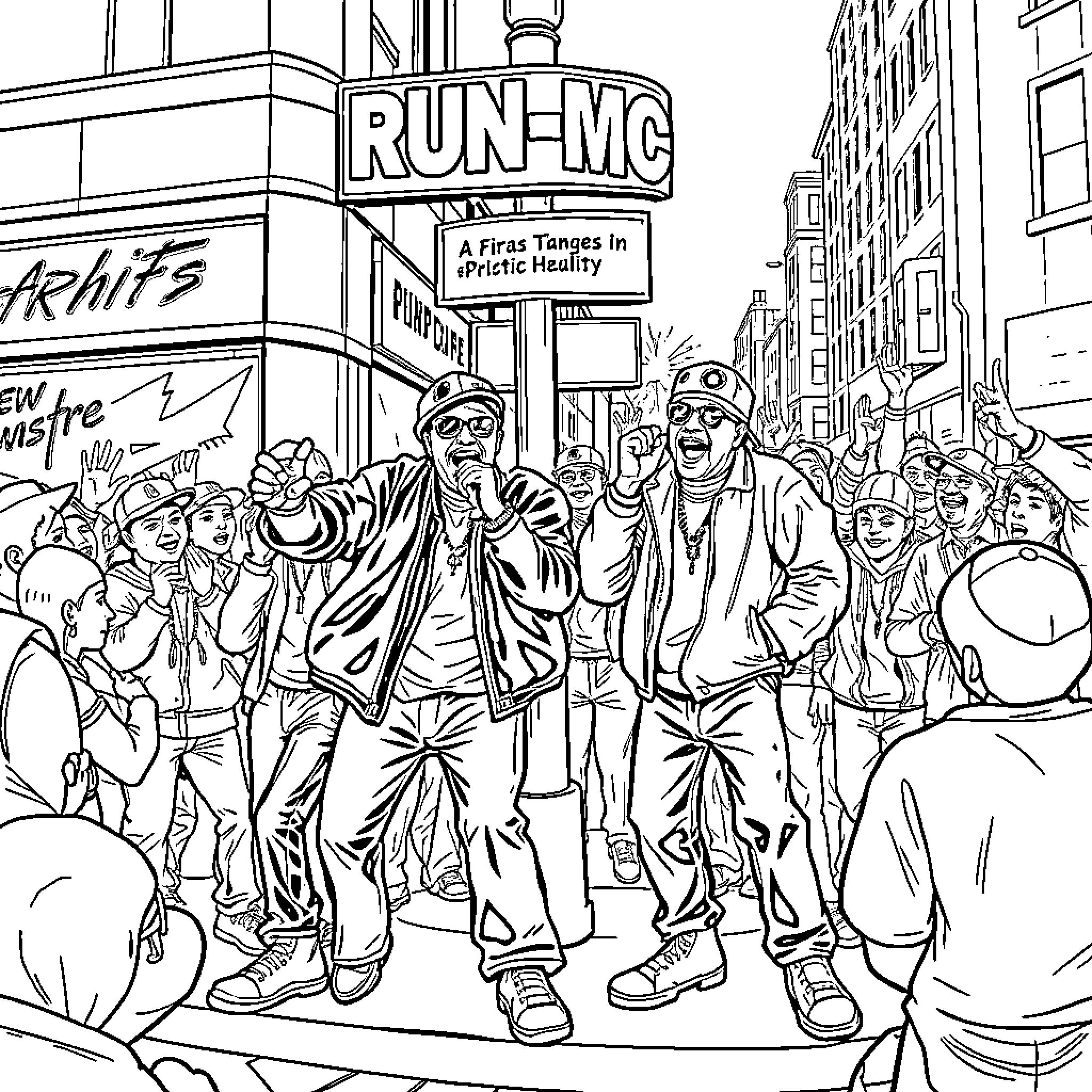 Run DMC performing and interacting with the crowd Coloring Page (free black-and-white line drawing printable PDF for all, from beginners to advanced learners, including children, teens, adults, and seniors)