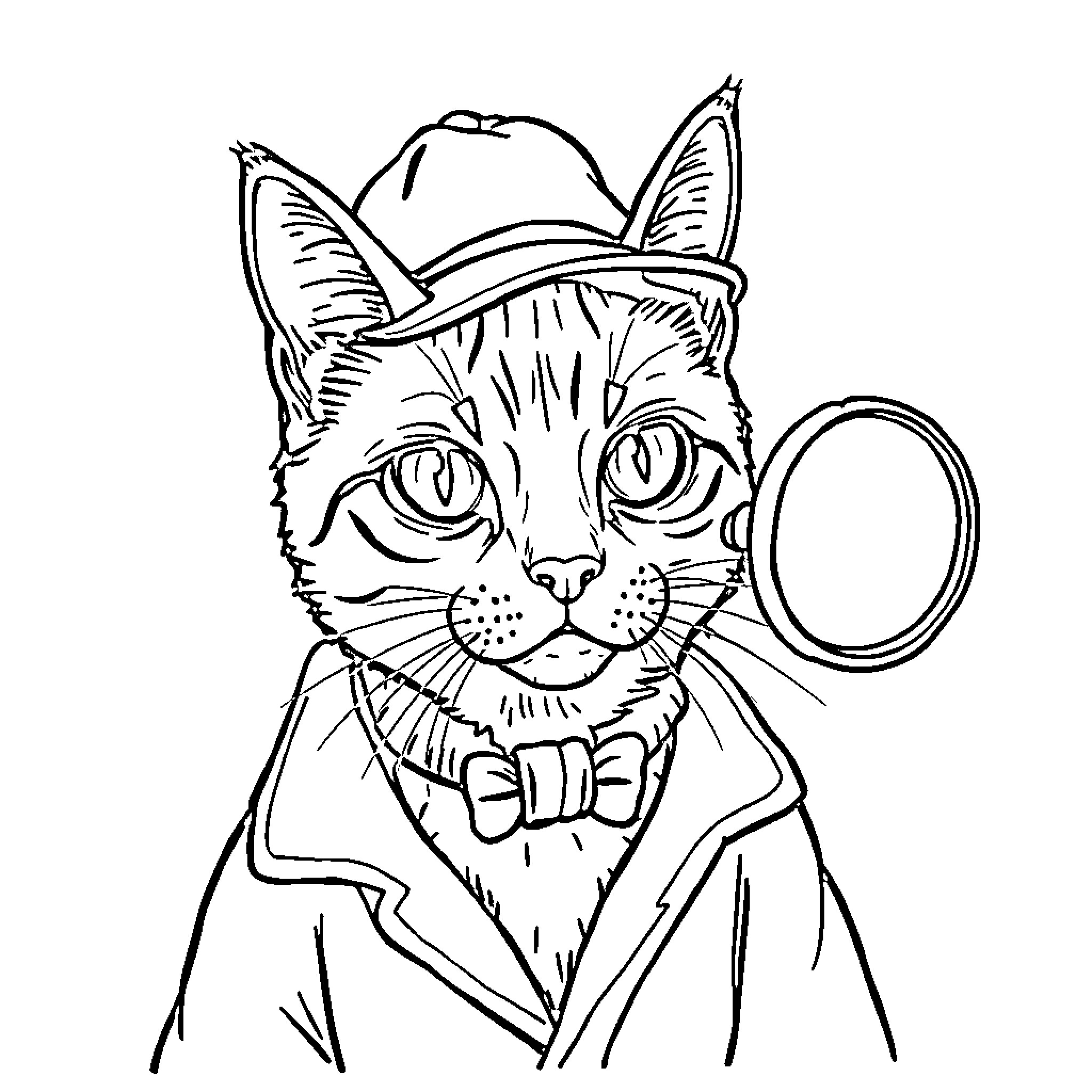 Siamese Cat Investigator Examining with Magnifying Glass Coloring Page (free black-and-white line drawing printable PDF for all, from beginners to advanced learners, including children, teens, adults, and seniors)