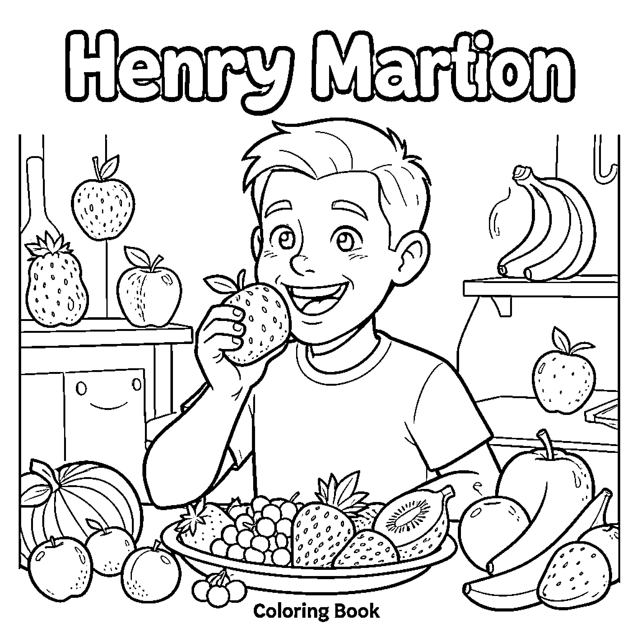 Henry Martin enjoying a variety of fresh fruits Coloring Page (free black-and-white line drawing printable PDF for all, from beginners to advanced learners, including children, teens, adults, and seniors)