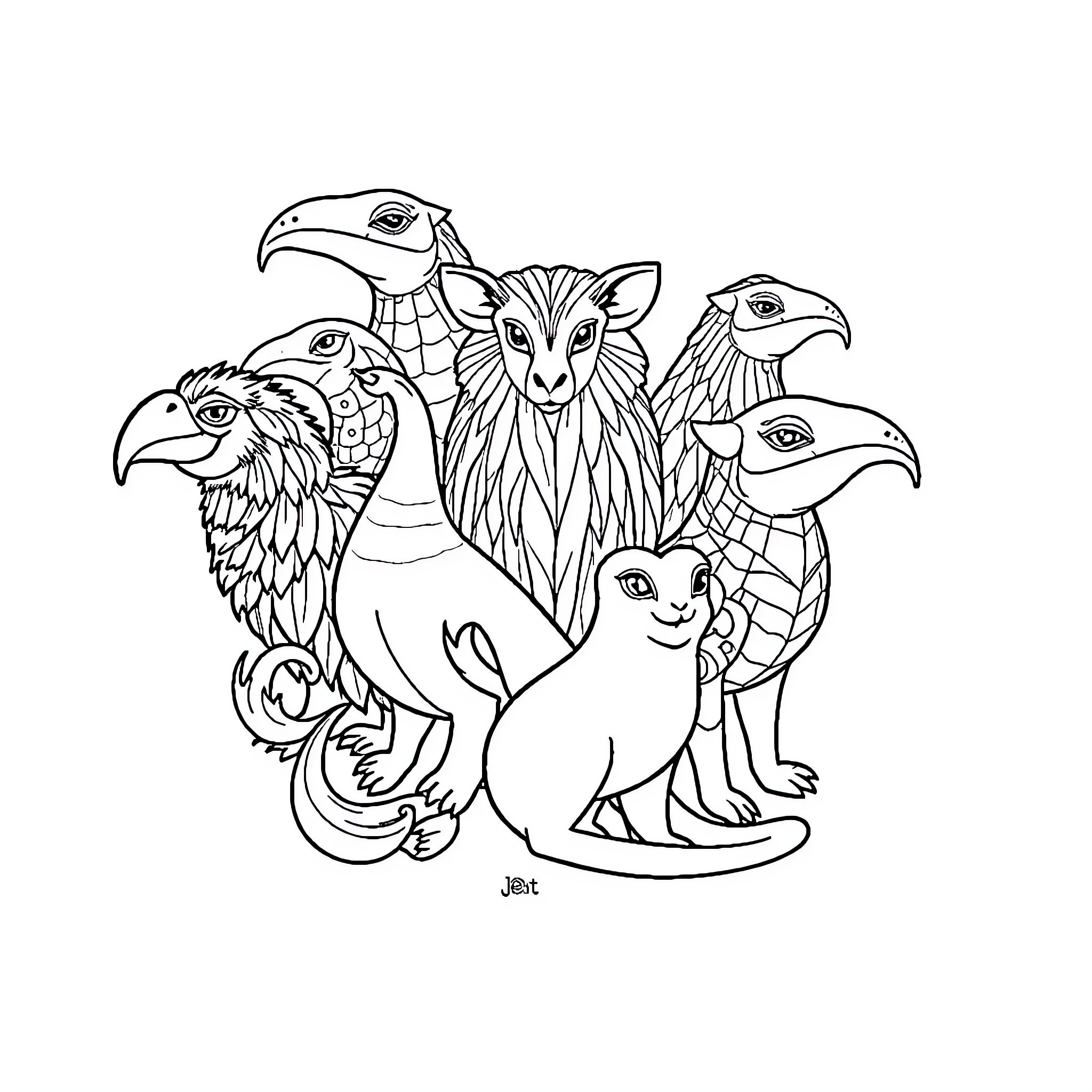 Animal group with diverse mystical creatures Coloring Page (free black-and-white line drawing printable PDF for all, from beginners to advanced learners, including children, teens, adults, and seniors)