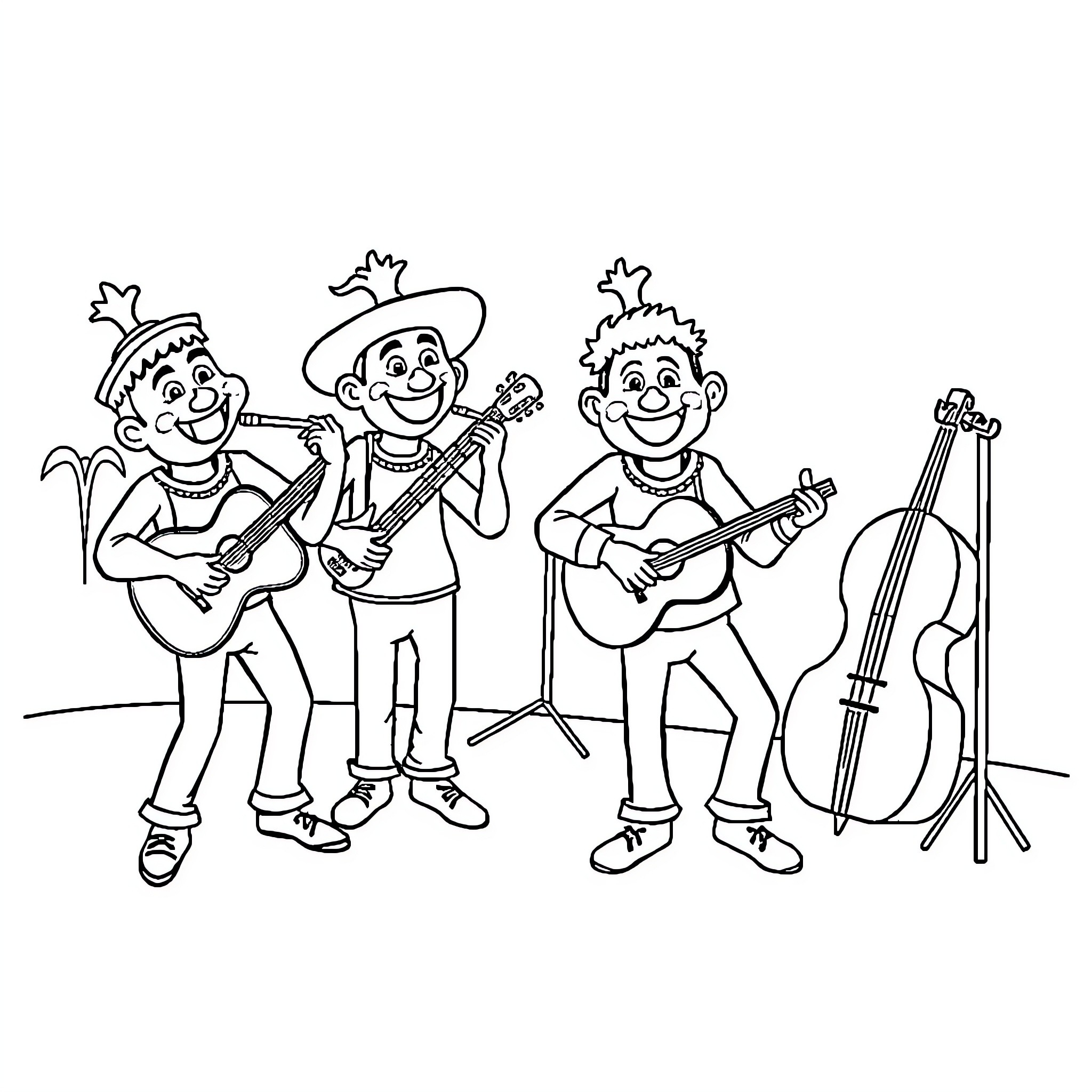 Tralalerito musical band performing lively on stage Coloring Page (free black-and-white line drawing printable PDF for all, from beginners to advanced learners, including children, teens, adults, and seniors)