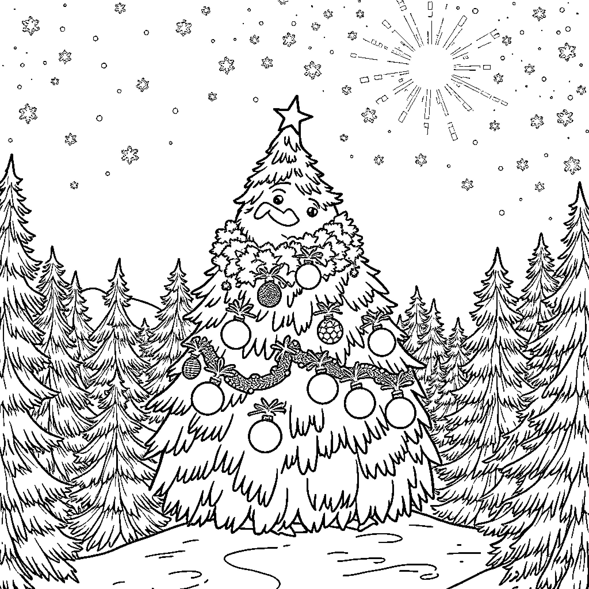 Sapin in a Winter Wonderland Coloring Page (free black-and-white line drawing printable PDF for all, from beginners to advanced learners, including children, teens, adults, and seniors)