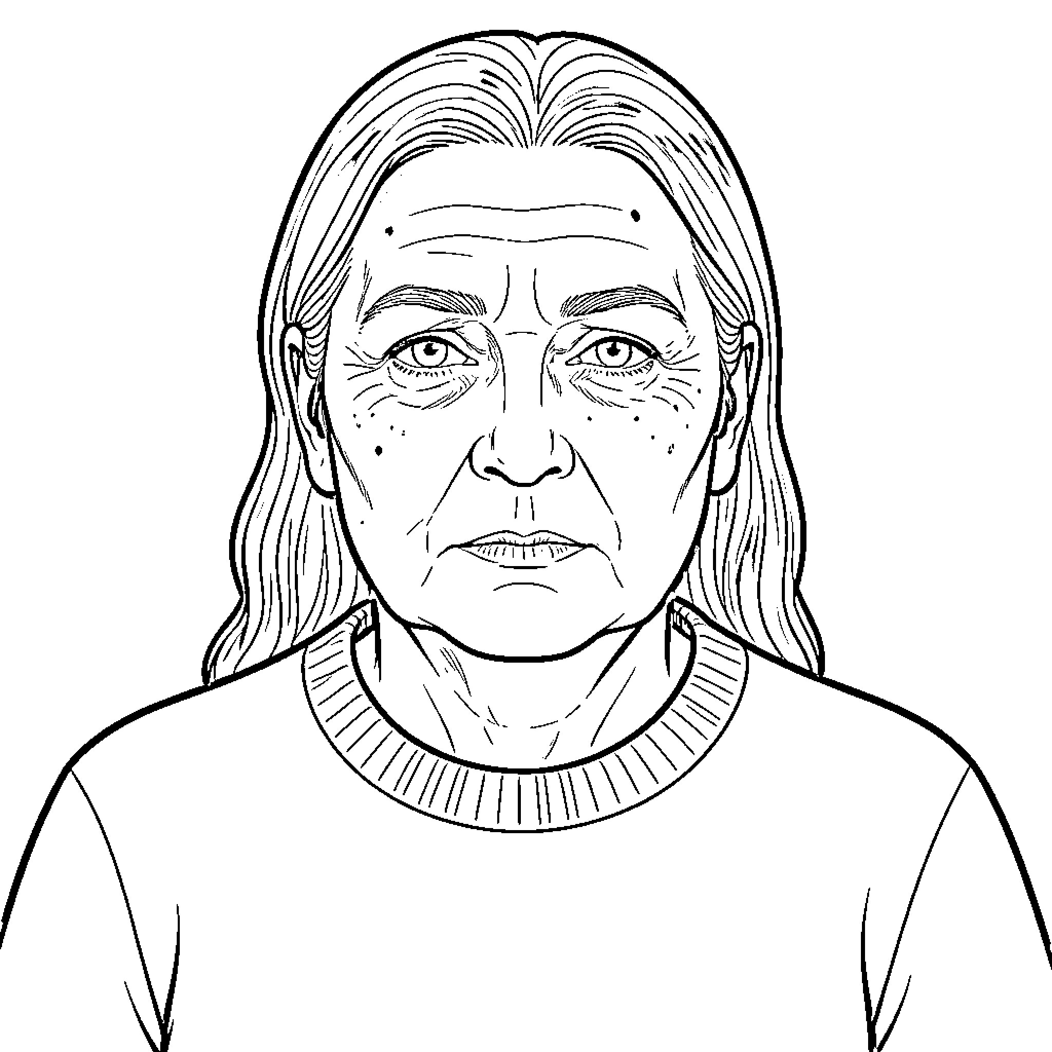 Woman with long hair looking forward with a serious expression Coloring Page (free black-and-white line drawing printable PDF for all, from beginners to advanced learners, including children, teens, adults, and seniors)
