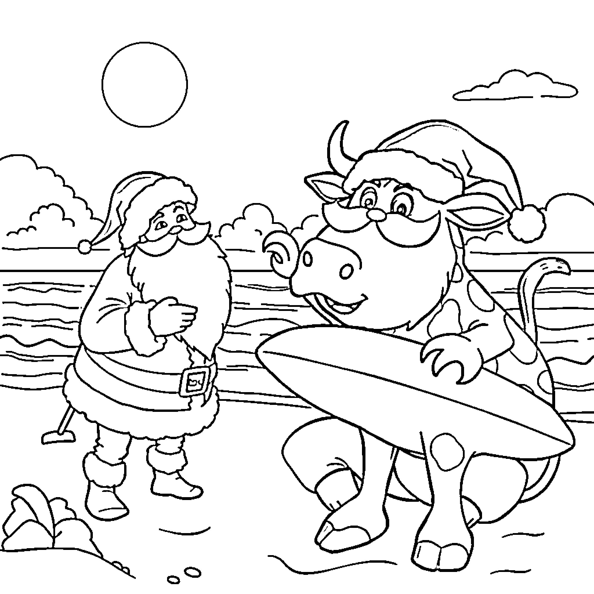 Santa and Reindeer Playing on Beach Coloring Page (free black-and-white line drawing printable PDF for all, from beginners to advanced learners, including children, teens, adults, and seniors)