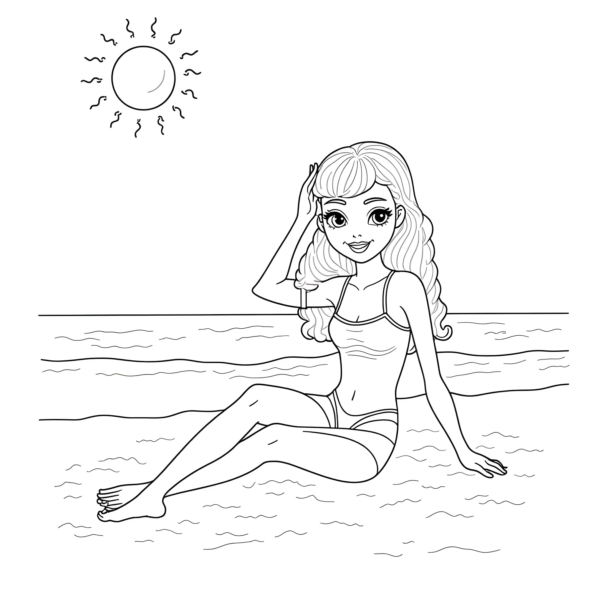 Barbie relaxing on the beach Coloring Page (free black-and-white line drawing printable PDF for all, from beginners to advanced learners, including children, teens, adults, and seniors)