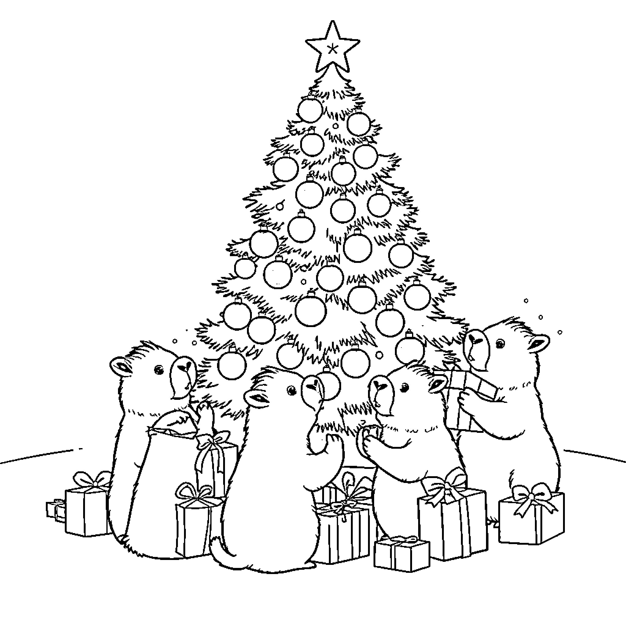 Capybara celebrating Christmas with friends around tree Coloring Page (free black-and-white line drawing printable PDF for all, from beginners to advanced learners, including children, teens, adults, and seniors)