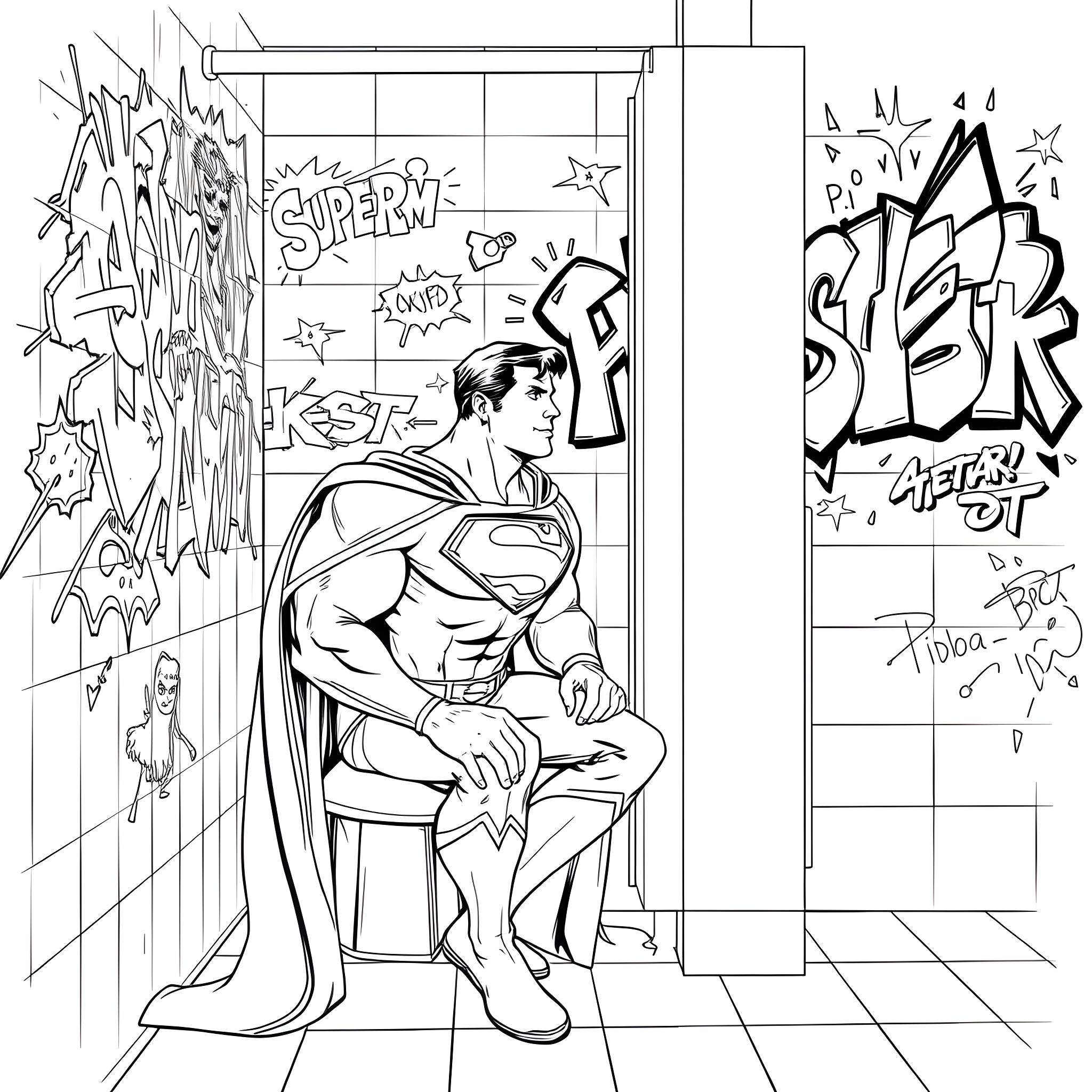 Superman brooding in a graffiti-covered alley Coloring Page (free black-and-white line drawing printable PDF for all, from beginners to advanced learners, including children, teens, adults, and seniors)