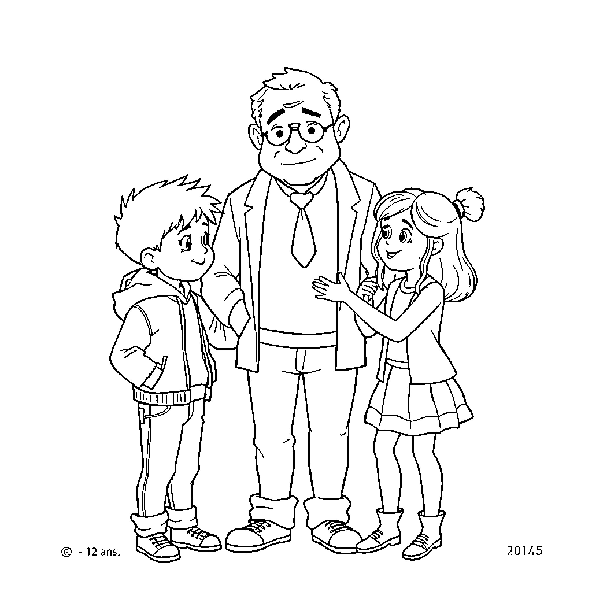 Frère et Sœurs enjoying time with their Grandfather Coloring Page (free black-and-white line drawing printable PDF for all, from beginners to advanced learners, including children, teens, adults, and seniors)