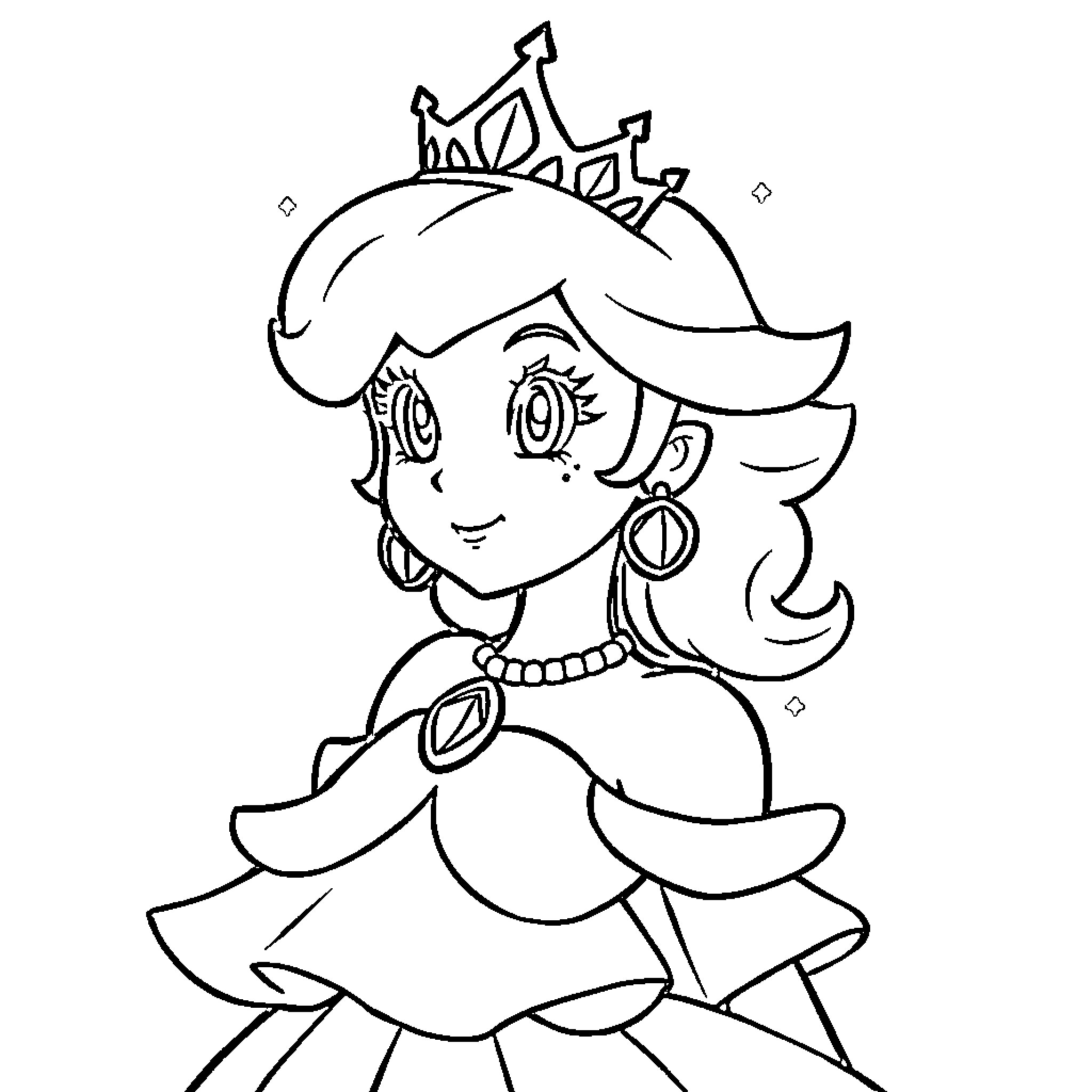 Princess Peach in a whimsical pose Coloring Page (free black-and-white line drawing printable PDF for all, from beginners to advanced learners, including children, teens, adults, and seniors)