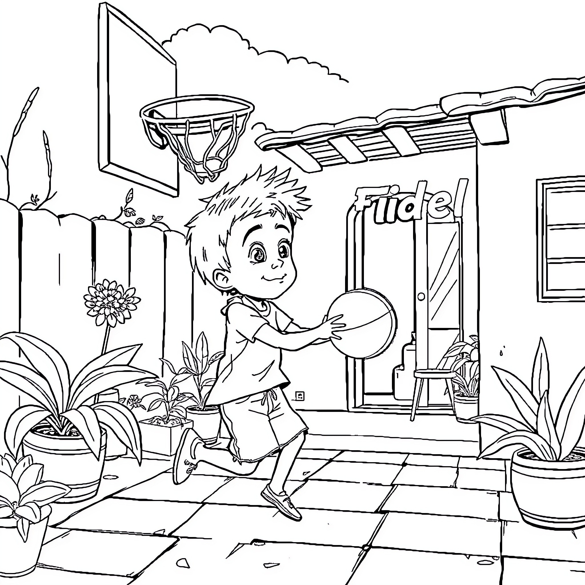 Niño playing basketball in the neighborhood Coloring Page (free black-and-white line drawing printable PDF for all, from beginners to advanced learners, including children, teens, adults, and seniors)