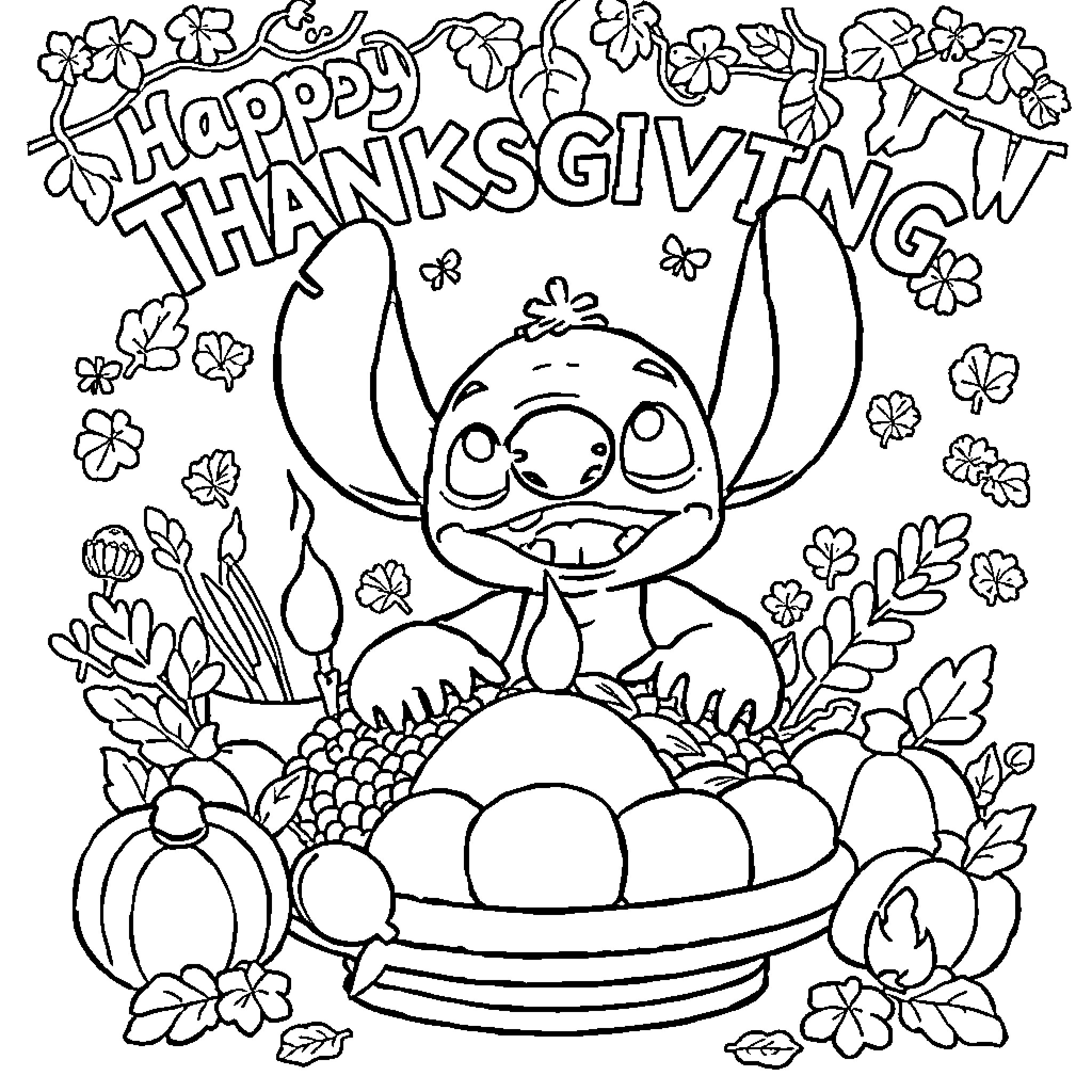 Stitch celebrates Happy Thanksgiving with festive decorations Coloring Page (free black-and-white line drawing printable PDF for all, from beginners to advanced learners, including children, teens, adults, and seniors)