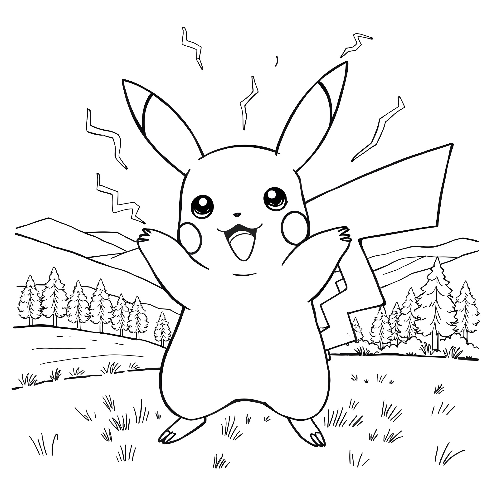 Pikachu exploring the outdoor landscape Coloring Page (free black-and-white line drawing printable PDF for all, from beginners to advanced learners, including children, teens, adults, and seniors)