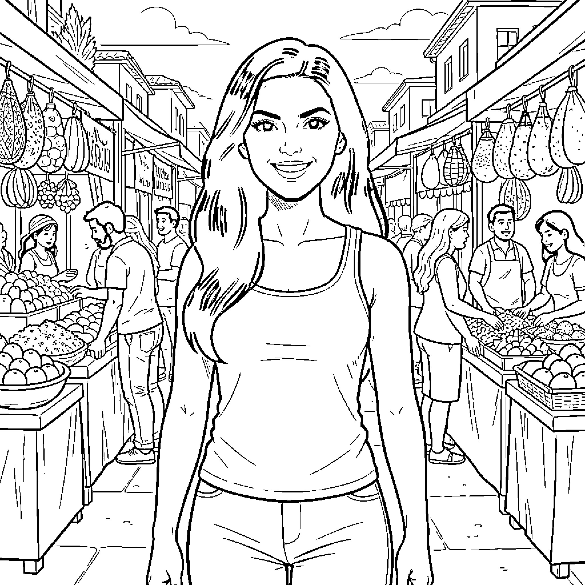 Teresa Chávez explores a bustling market Coloring Page (free black-and-white line drawing printable PDF for all, from beginners to advanced learners, including children, teens, adults, and seniors)