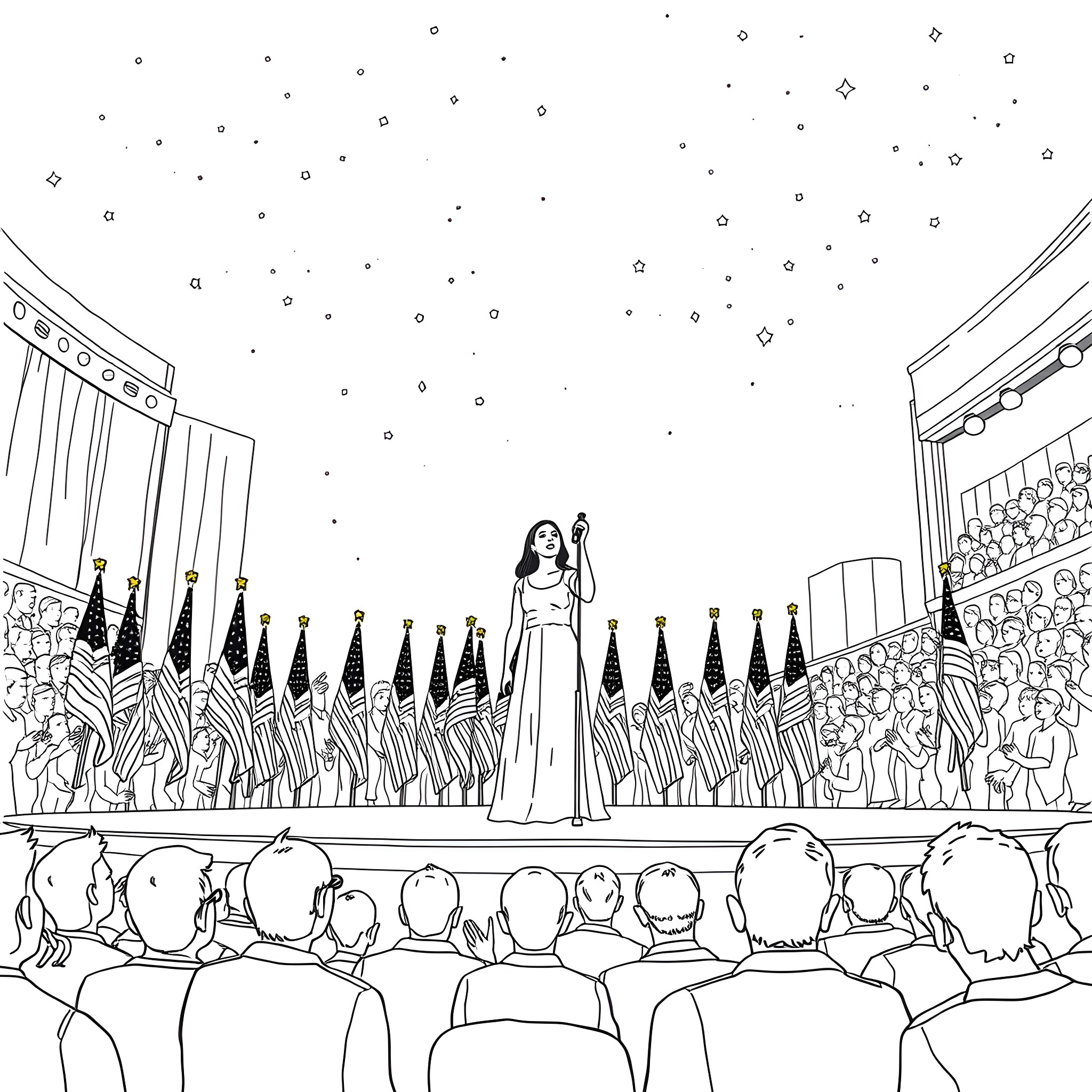 Sydney Sweeney leading a performance on stage Coloring Page (free black-and-white line drawing printable PDF for all, from beginners to advanced learners, including children, teens, adults, and seniors)